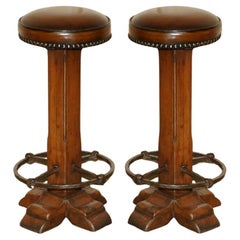 PAIR OF FULLY RESTORED ANTIQUE EDWARDIAN OAK & BROWN LEATHER KITCHEN BAR STOOLs