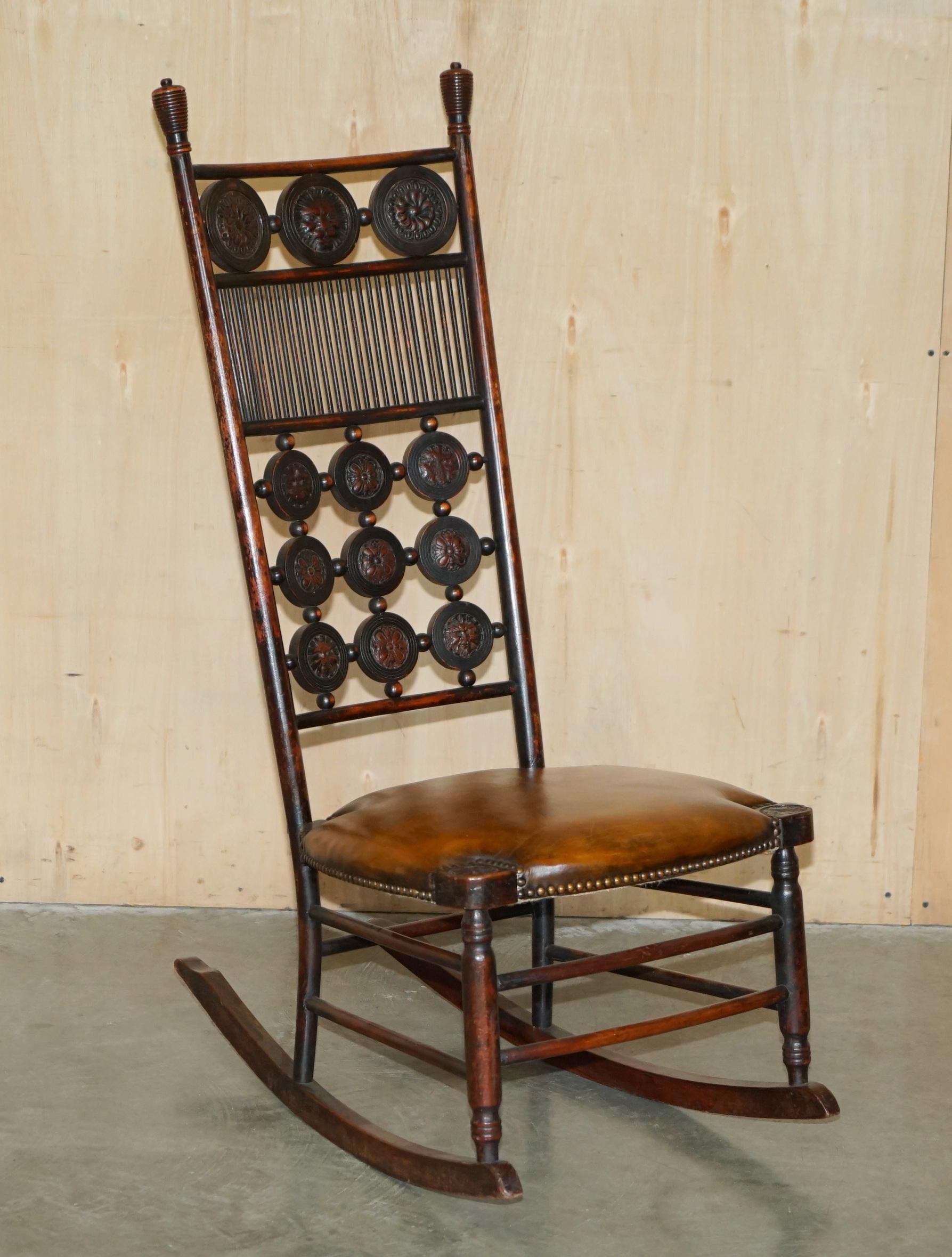 PAIR OF FULLY RESTORED ANTIQUE ViCTORIAN BROWN LEATHER HIS & HER ROCKING CHAIRS For Sale 6