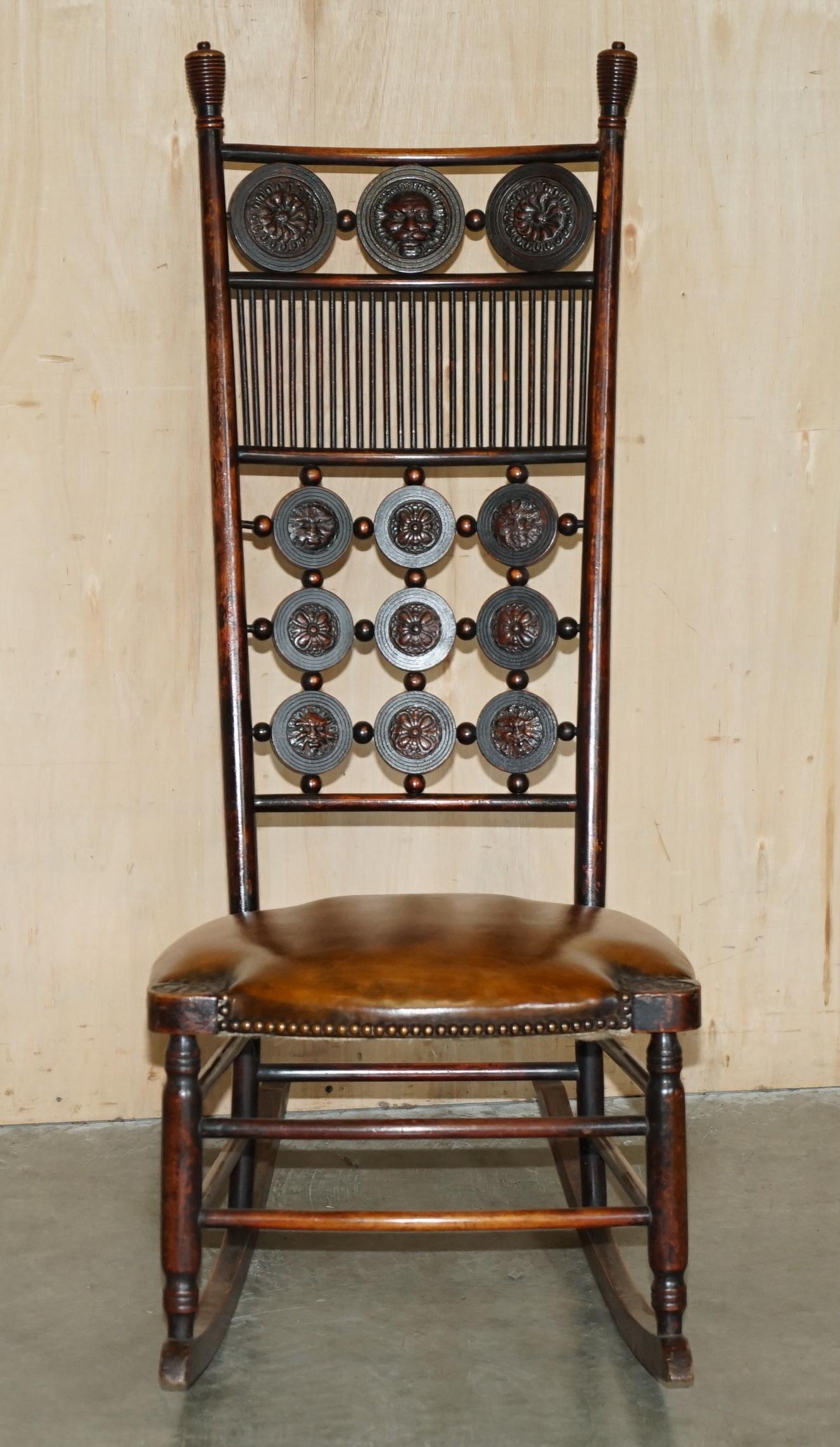 PAIR OF FULLY RESTORED ANTIQUE ViCTORIAN BROWN LEATHER HIS & HER ROCKING CHAIRS For Sale 7