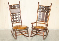 PAIR OF FULLY RESTORED ANTIQUE ViCTORIAN BROWN LEATHER HIS & HER ROCKING CHAIRS