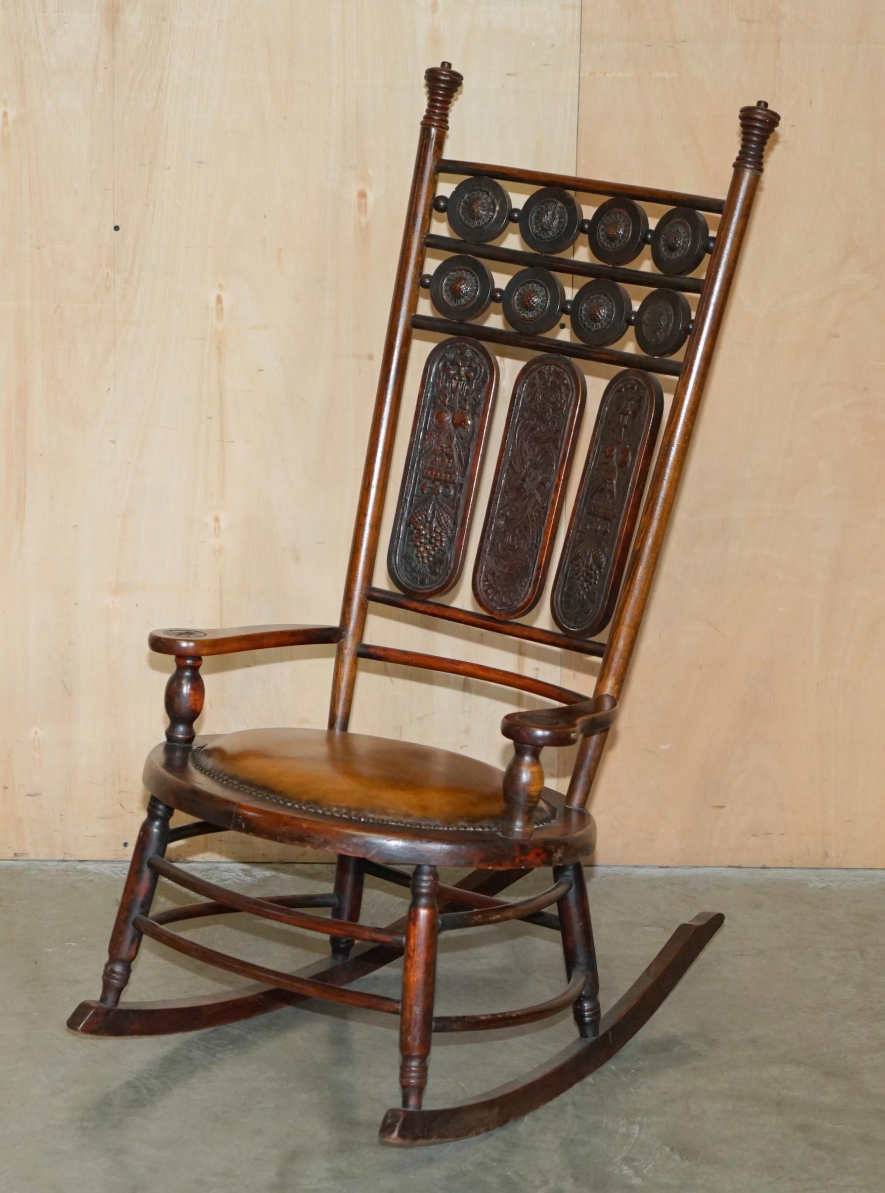 Late Victorian PAIR OF FULLY RESTORED ANTIQUE ViCTORIAN BROWN LEATHER HIS & HER ROCKING CHAIRS For Sale