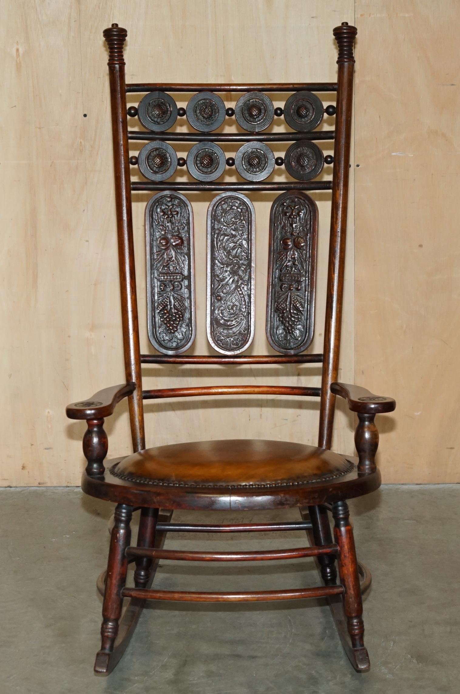 English PAIR OF FULLY RESTORED ANTIQUE ViCTORIAN BROWN LEATHER HIS & HER ROCKING CHAIRS For Sale