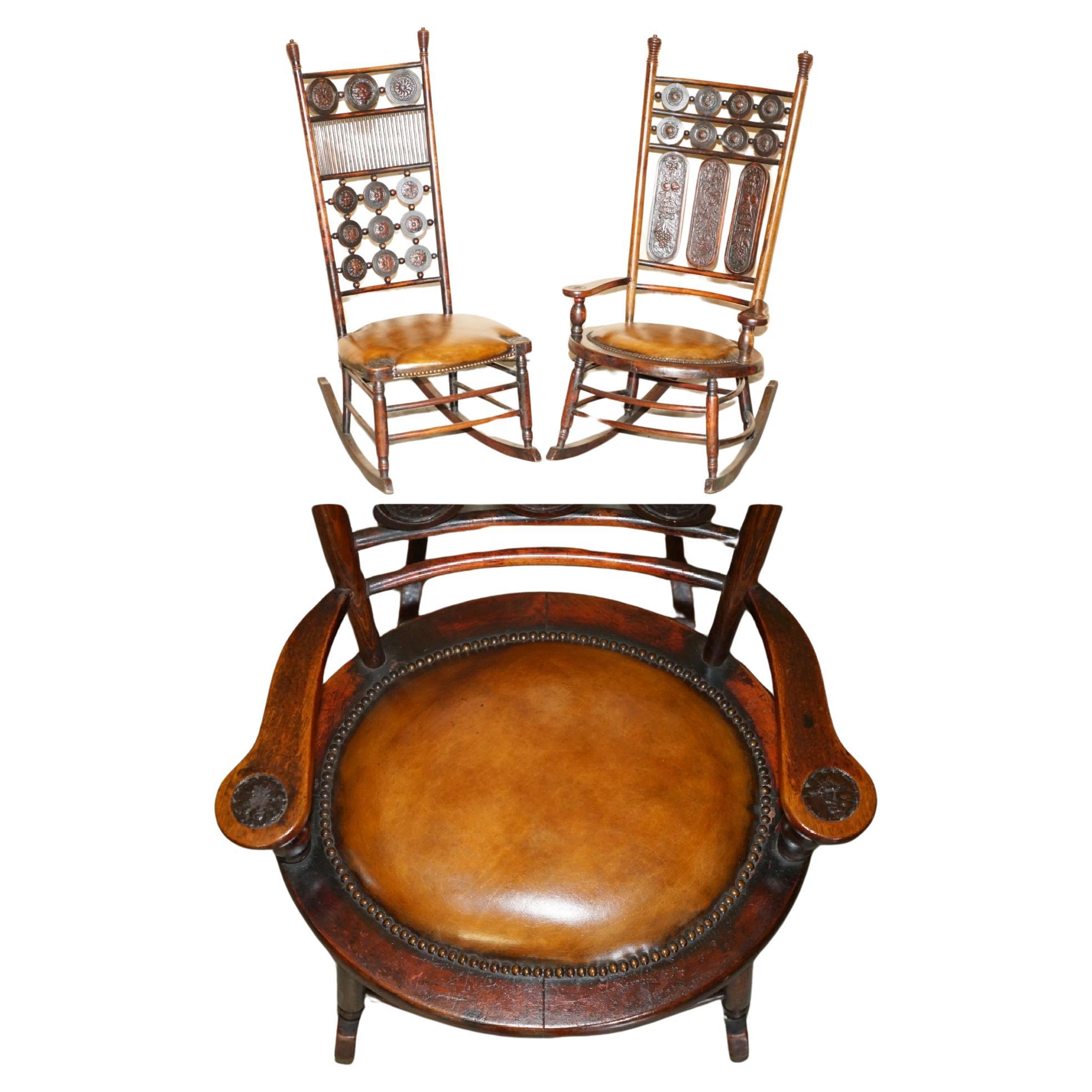 PAIR OF FULLY RESTORED ANTIQUE ViCTORIAN BROWN LEATHER HIS & HER ROCKING CHAIRS For Sale