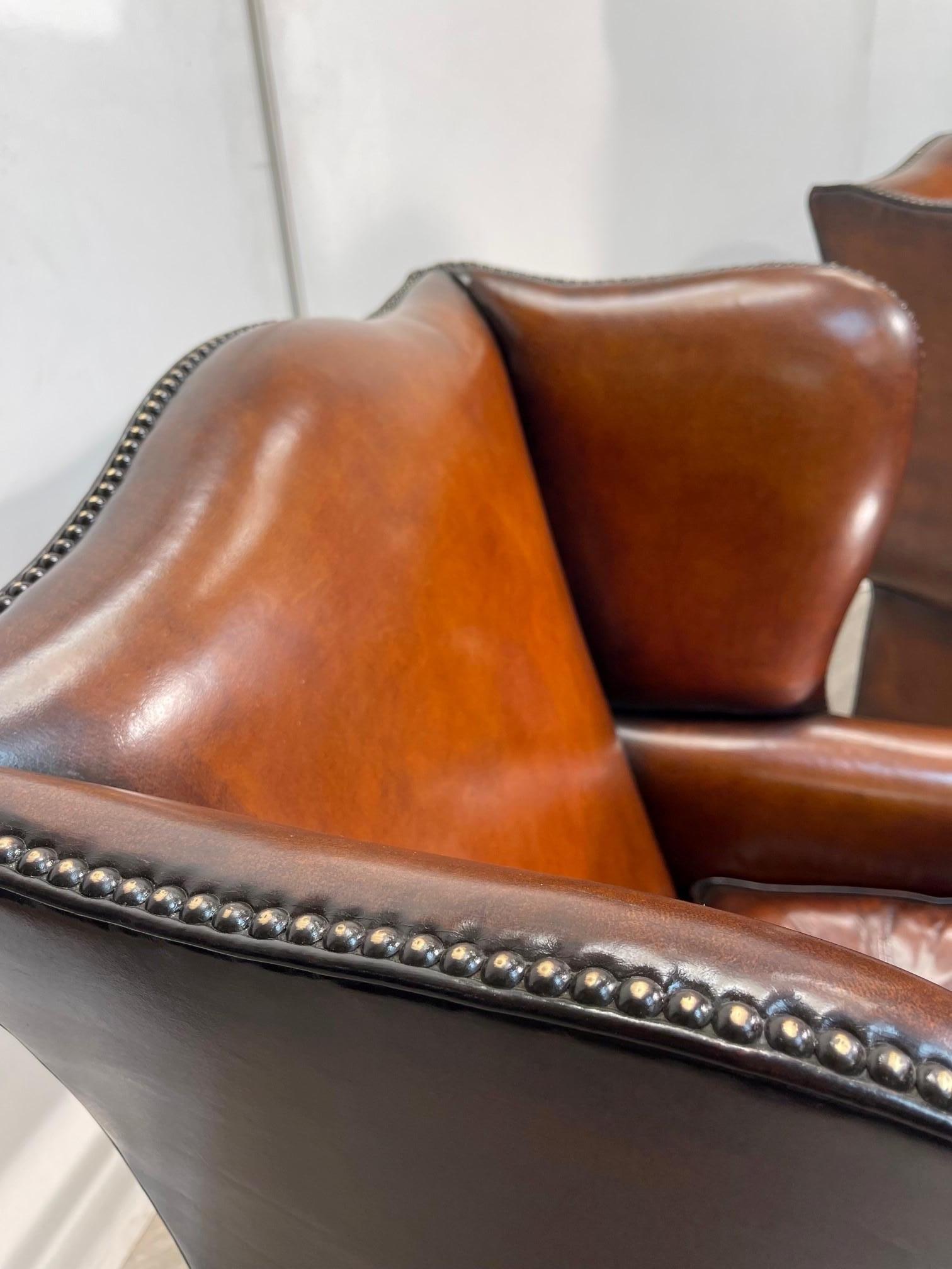Pair of Fully Restored Brown Leather Wingback Armchairs Thomas Chippendale Tuft 4