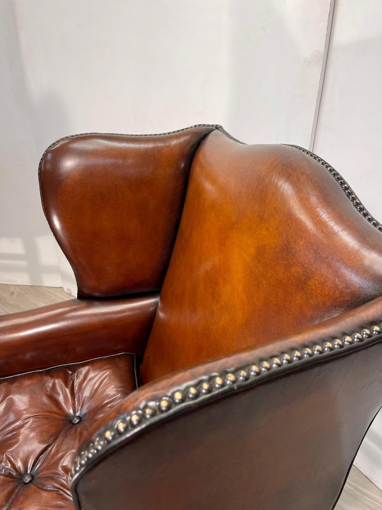 Pair of Fully Restored Brown Leather Wingback Armchairs Thomas Chippendale Tuft 6