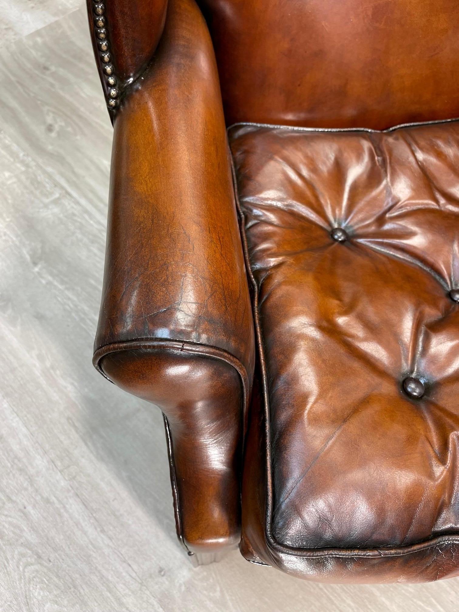 Pair of Fully Restored Brown Leather Wingback Armchairs Thomas Chippendale Tuft 8