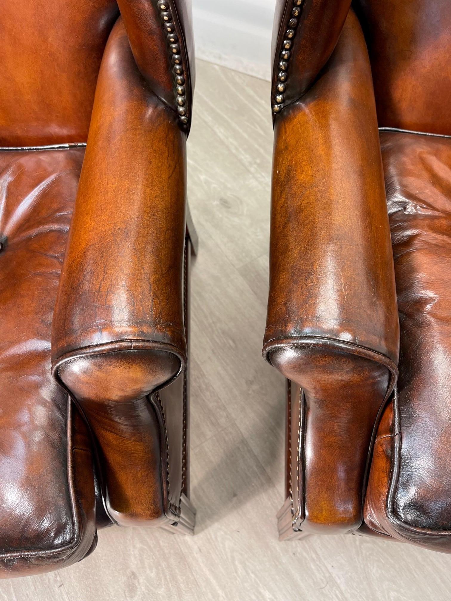 Pair of Fully Restored Brown Leather Wingback Armchairs Thomas Chippendale Tuft 9