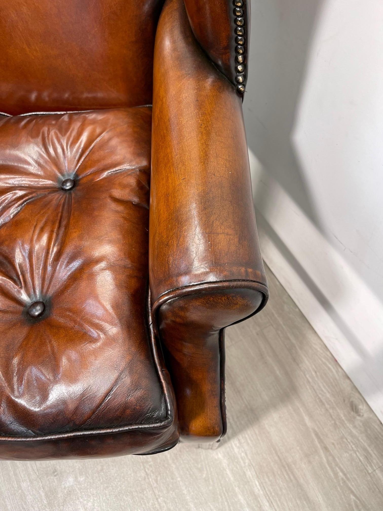 Pair of Fully Restored Brown Leather Wingback Armchairs Thomas Chippendale Tuft 10