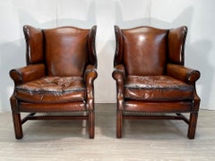 Pair of Fully Restored Brown Leather Wingback Armchairs Thomas Chippendale Tuft