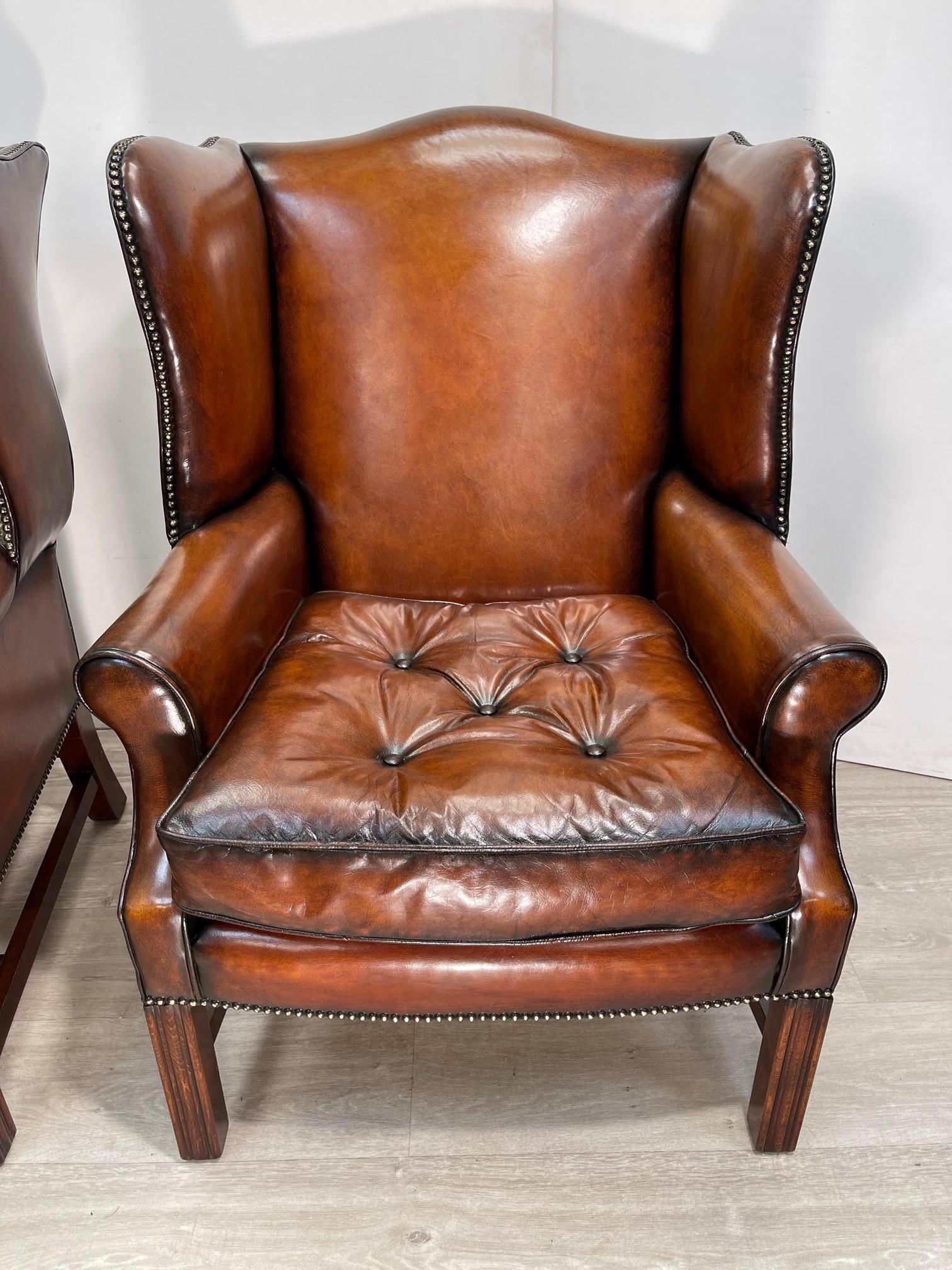 Georgian Pair of Fully Restored Brown Leather Wingback Armchairs Thomas Chippendale Tuft