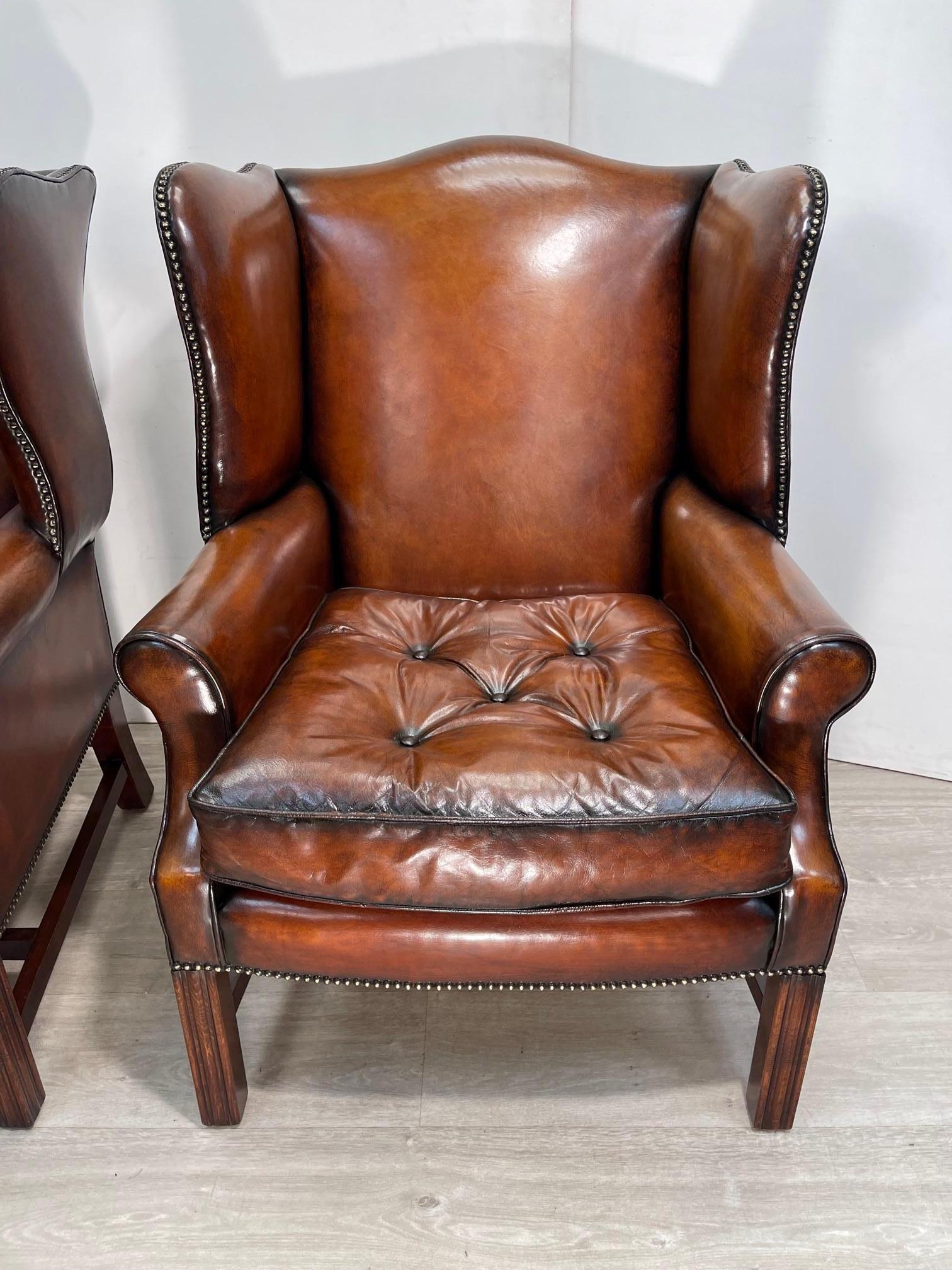 English Pair of Fully Restored Brown Leather Wingback Armchairs Thomas Chippendale Tuft