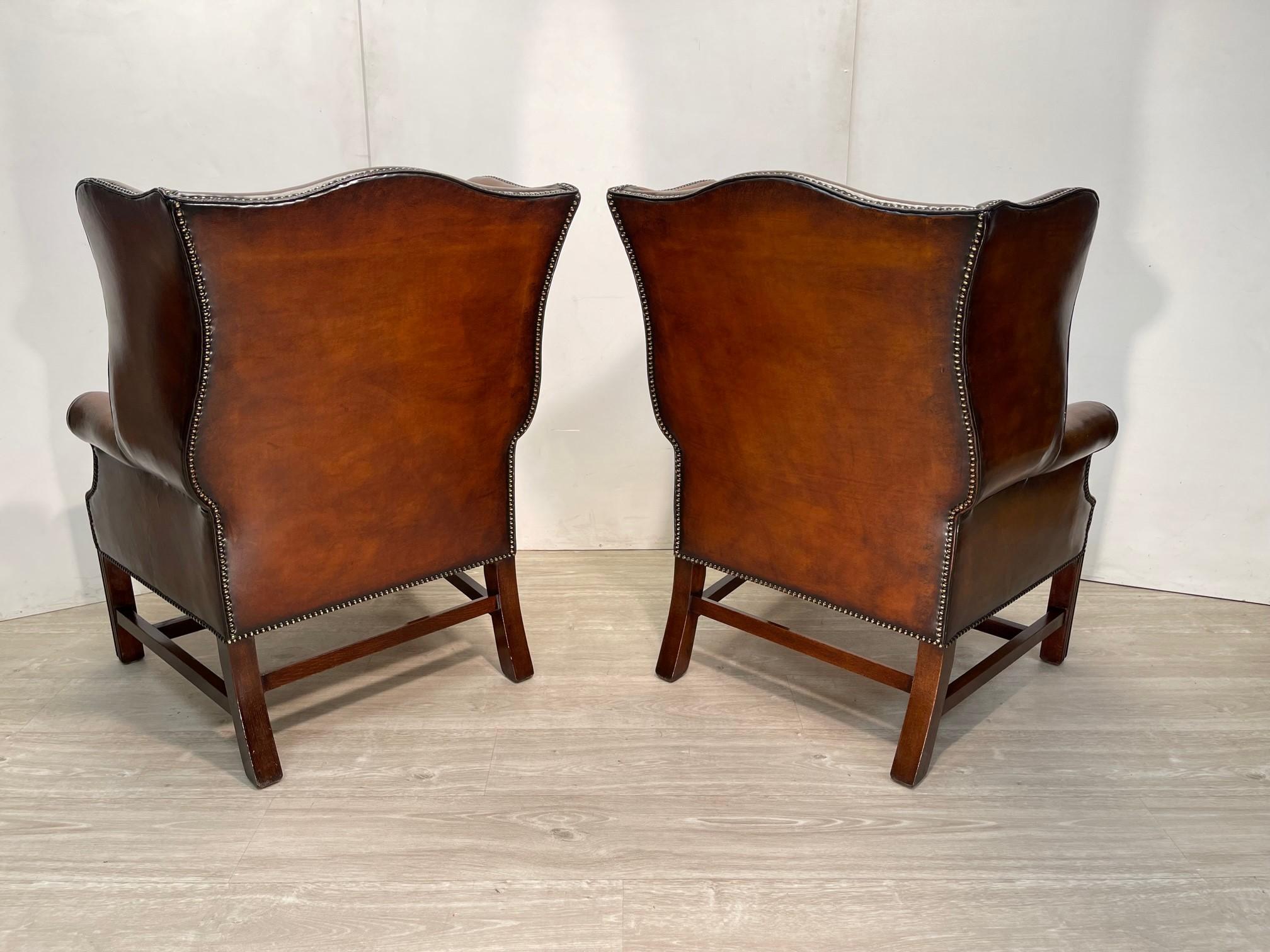 20th Century Pair of Fully Restored Brown Leather Wingback Armchairs Thomas Chippendale Tuft