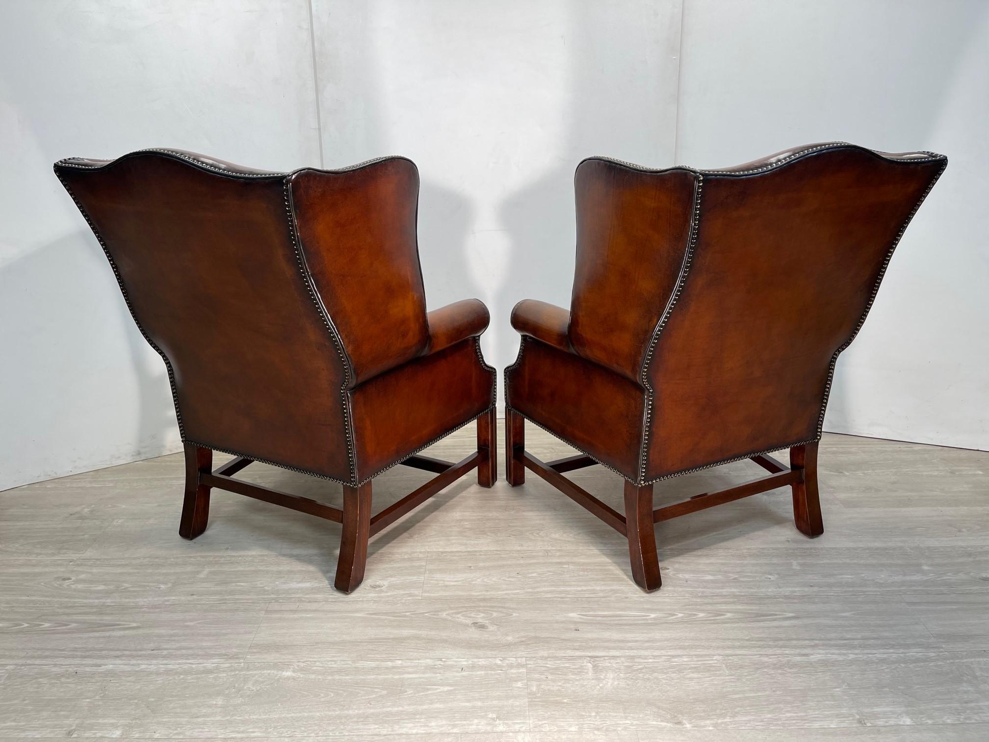 Pair of Fully Restored Brown Leather Wingback Armchairs Thomas Chippendale Tuft 1