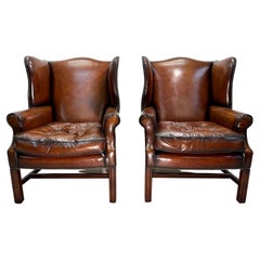 Pair of Fully Restored Brown Leather Wingback Armchairs Thomas Chippendale Tuft