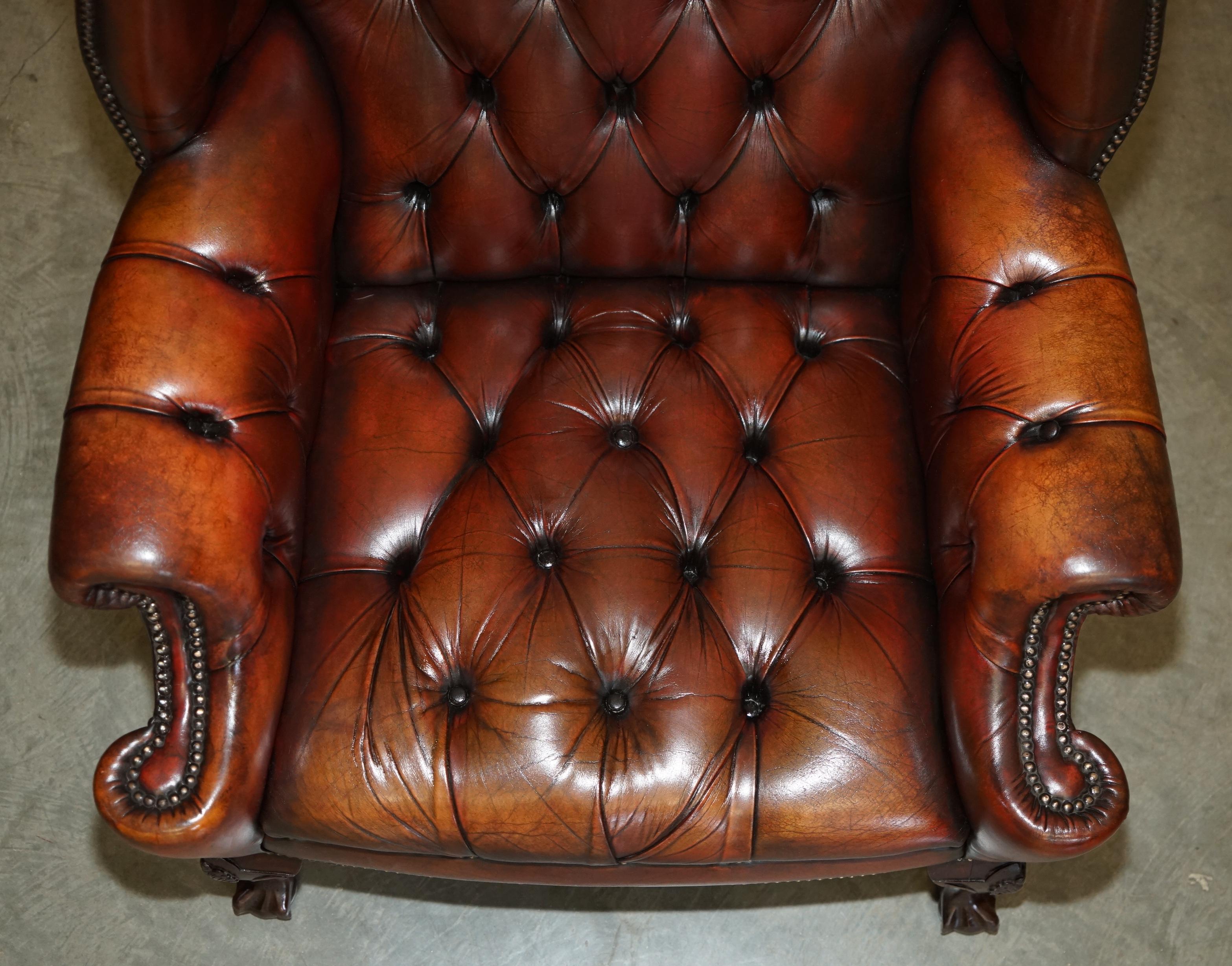 PAIR OF FULLY RESTORED CHESTERFIELD CLAW & BALL FEET WINGBACK ARMCHAIRS & STOOLs For Sale 8