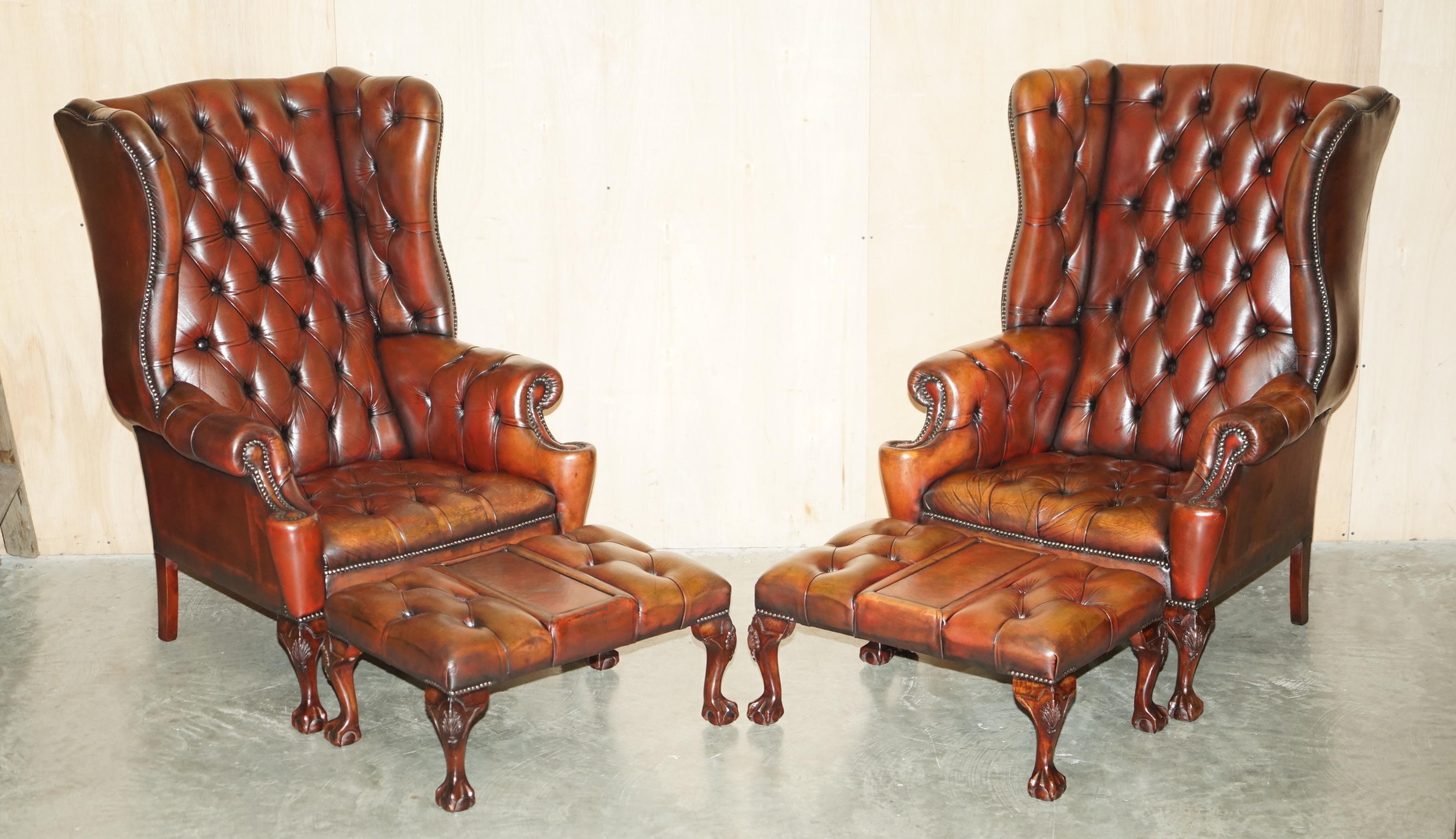 Royal House Antiques

Royal House Antiques are delighted to offer for sale this absolutely exquisite pair of fully restored Wingback armchairs with hand carved Claw & Ball feet and matching footstools in Bordeaux which are Chesterfield tufted