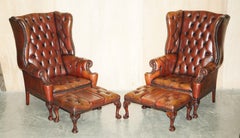 PAIR OF FULLY RESTORED CHESTERFIELD CLAW & BALL FEET WINGBACK ARMCHAIRS & STOOLs