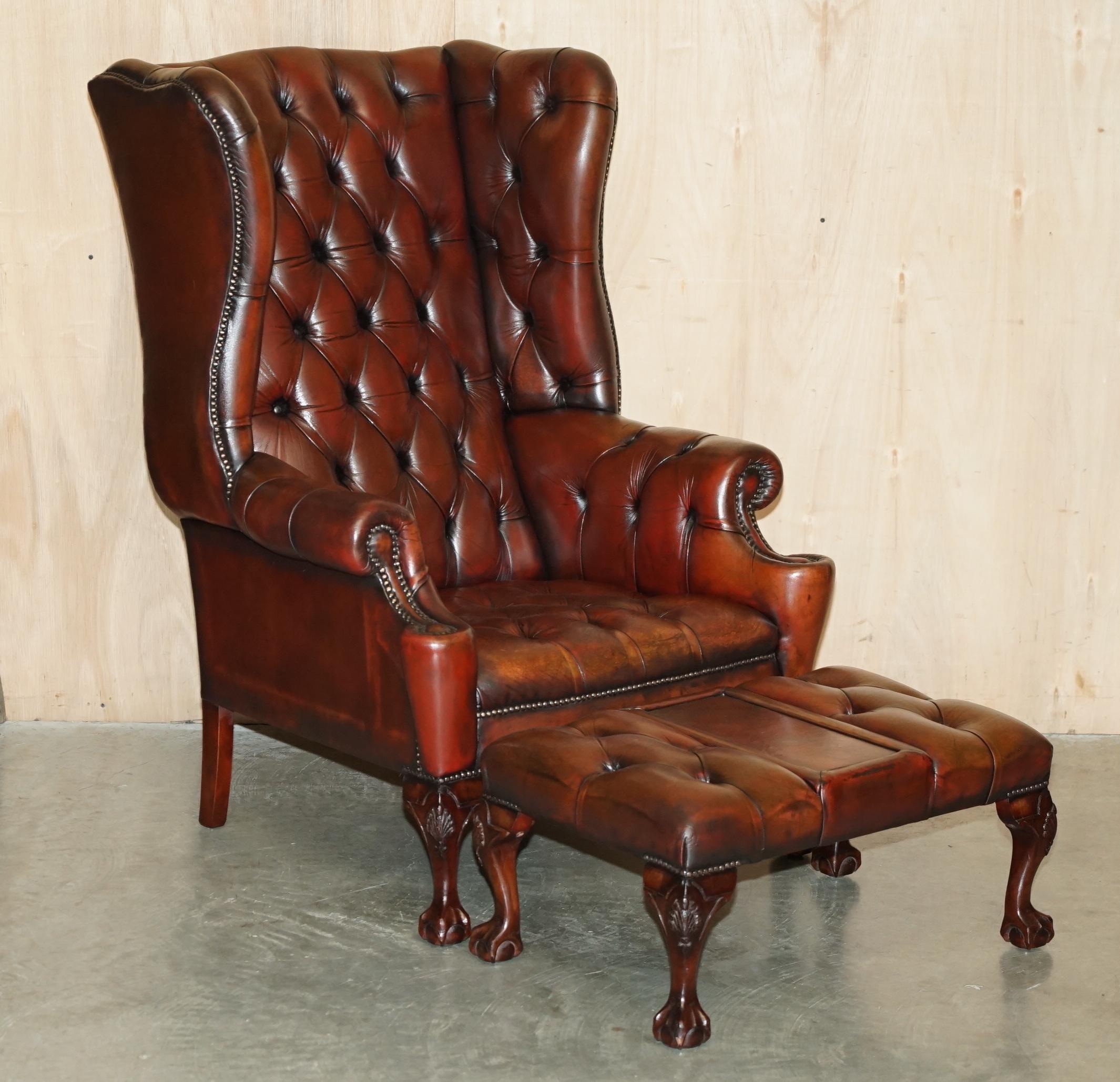 Art Deco PAIR OF FULLY RESTORED CHESTERFIELD CLAW & BALL FEET WINGBACK ARMCHAIRS & STOOLs For Sale