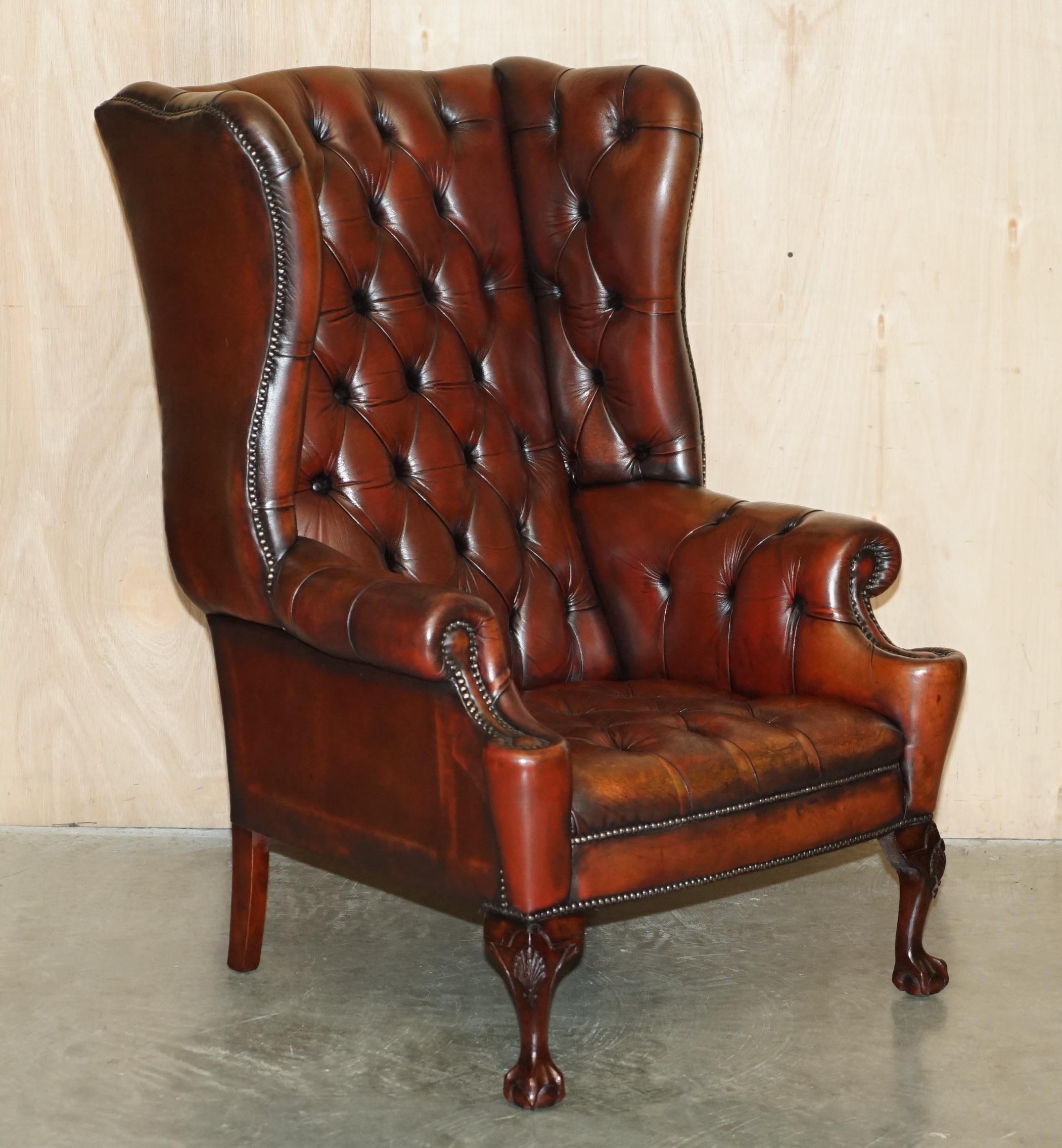English PAIR OF FULLY RESTORED CHESTERFIELD CLAW & BALL FEET WINGBACK ARMCHAIRS & STOOLs For Sale