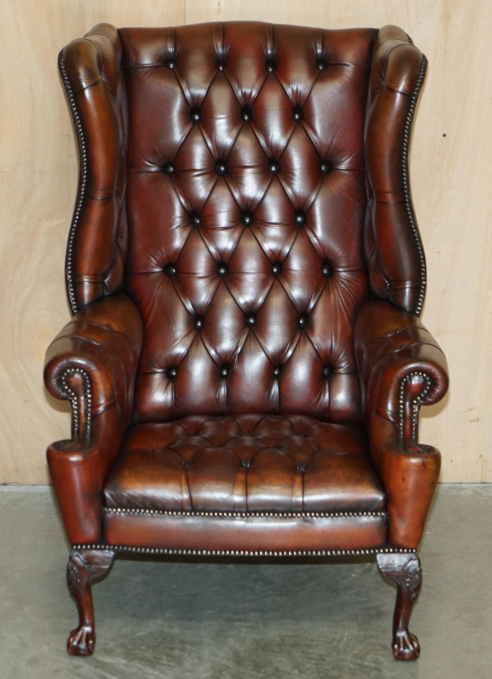 Hand-Crafted PAIR OF FULLY RESTORED CHESTERFIELD CLAW & BALL FEET WINGBACK ARMCHAIRS & STOOLs For Sale
