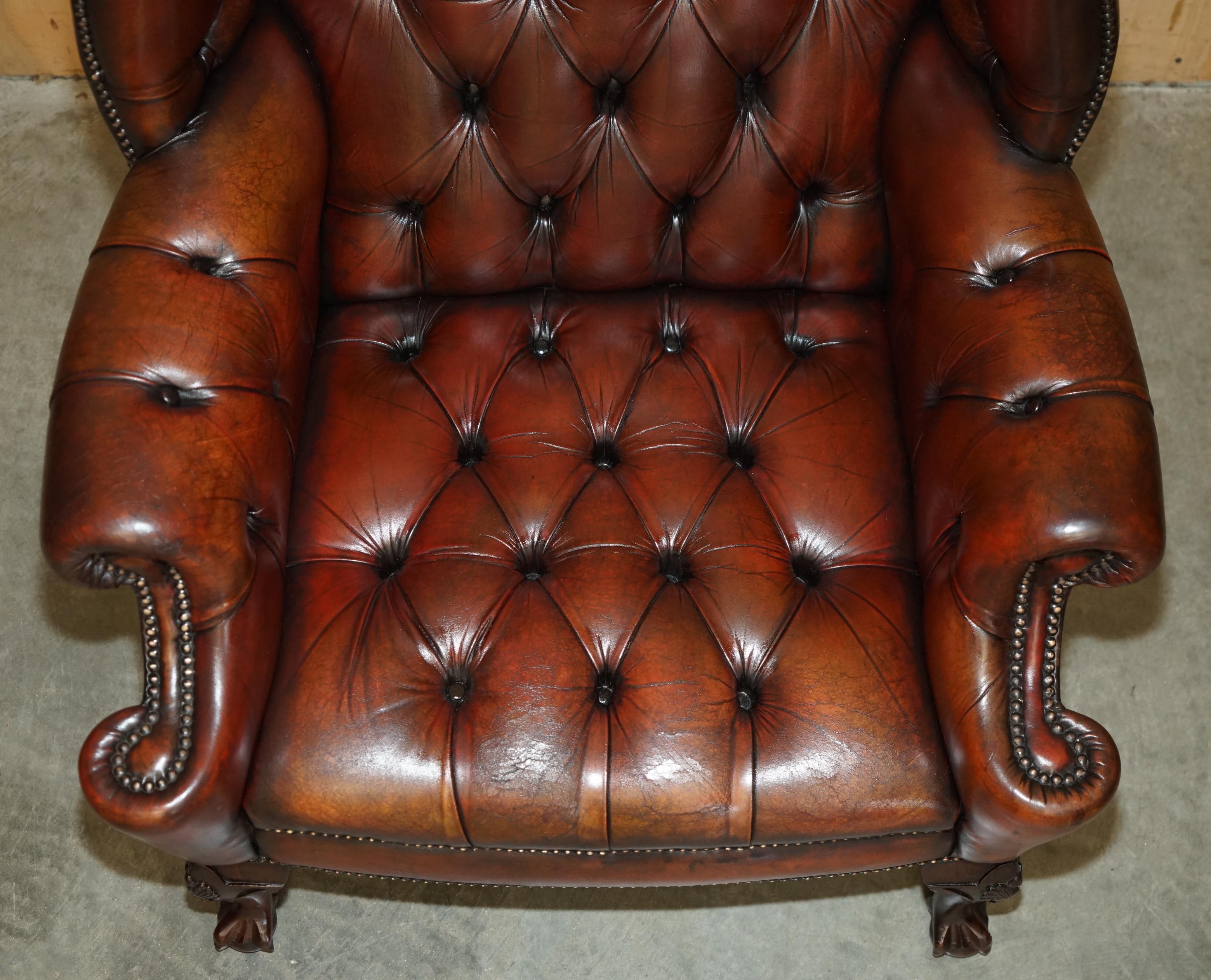 20th Century PAIR OF FULLY RESTORED CHESTERFIELD CLAW & BALL FEET WINGBACK ARMCHAIRS & STOOLs For Sale