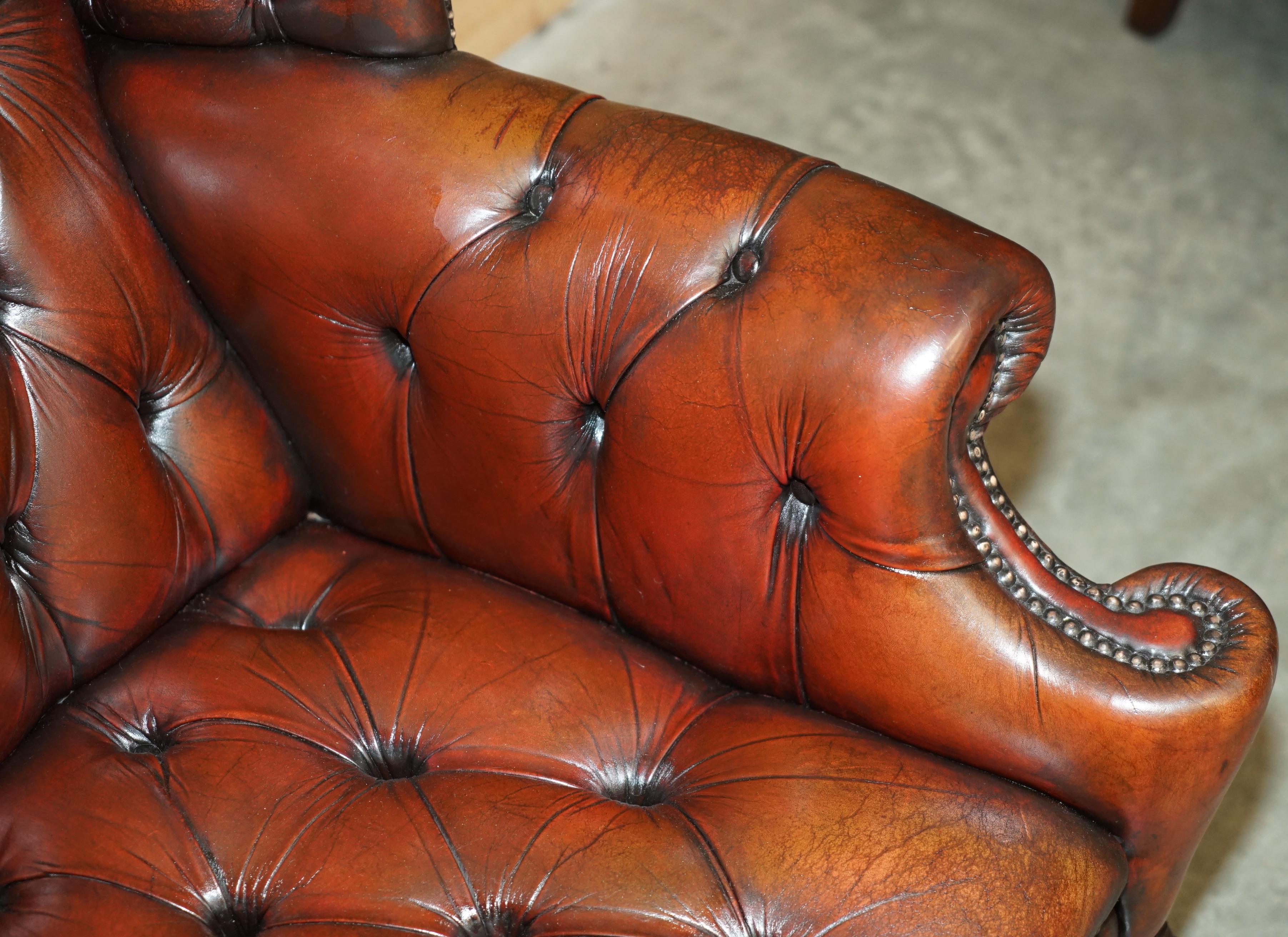 Leather PAIR OF FULLY RESTORED CHESTERFIELD CLAW & BALL FEET WINGBACK ARMCHAIRS & STOOLs For Sale