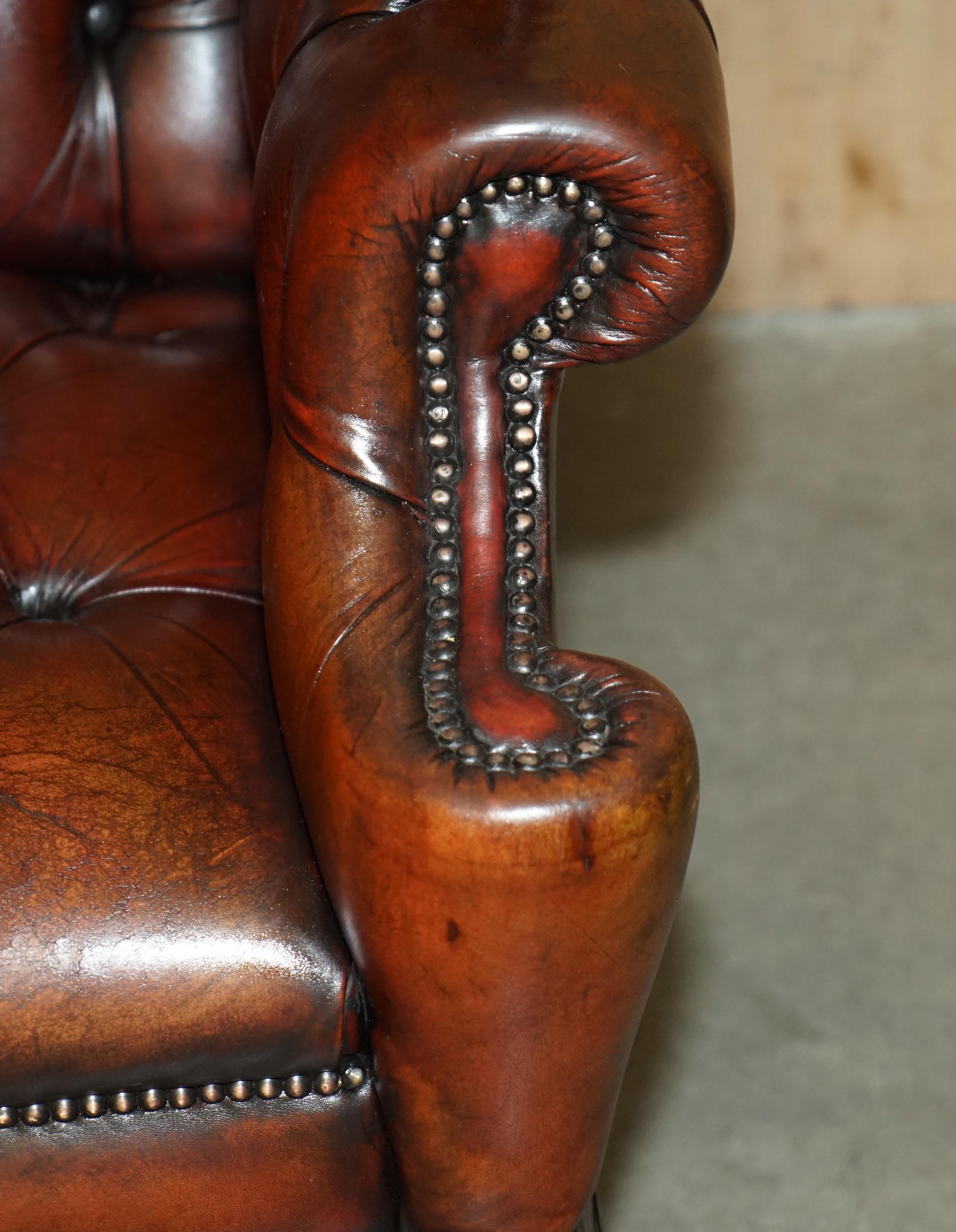 PAIR OF FULLY RESTORED CHESTERFIELD CLAW & BALL FEET WINGBACK ARMCHAIRS & STOOLs For Sale 1