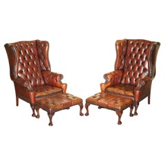 PAIR OF FULLY RESTORED CHESTERFIELD CLAW & BALL FEET WINGBACK ARMCHAIRS & STOOLs