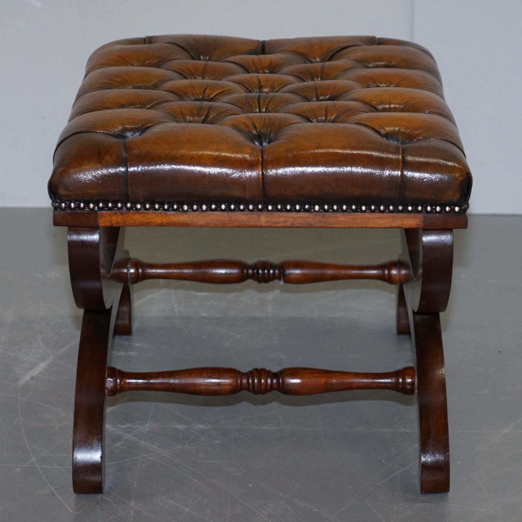 Pair of Fully Restored Chesterfield Hand Dyed Whisky Brown Leather Footstools 4