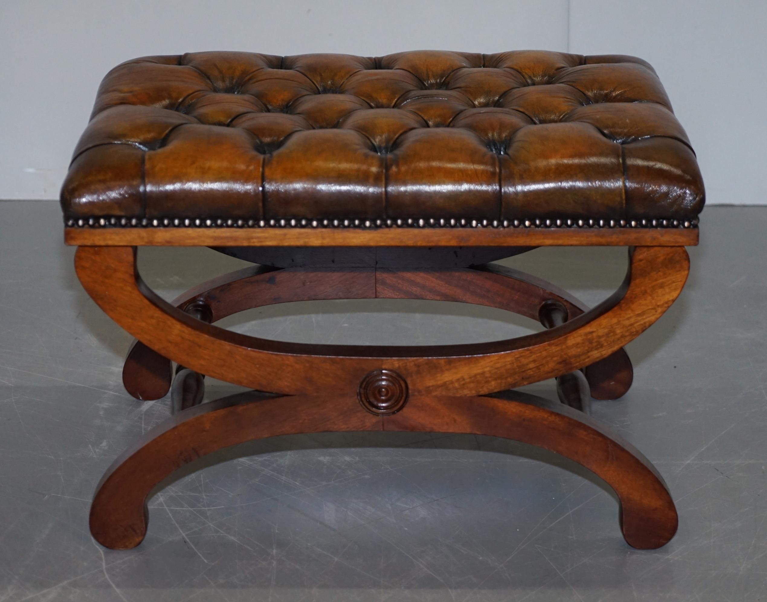 Pair of Fully Restored Chesterfield Hand Dyed Whisky Brown Leather Footstools 6