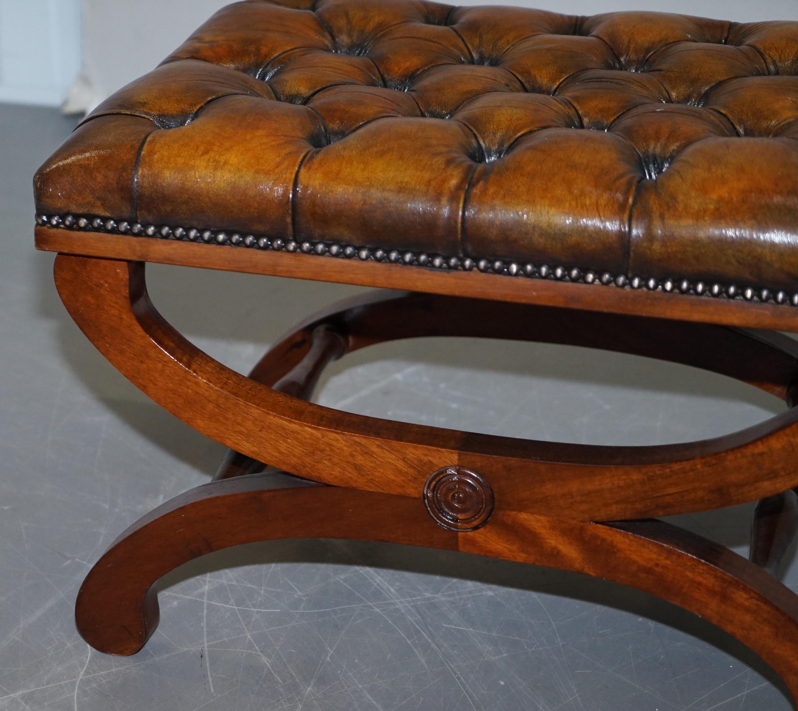 Pair of Fully Restored Chesterfield Hand Dyed Whisky Brown Leather Footstools 7