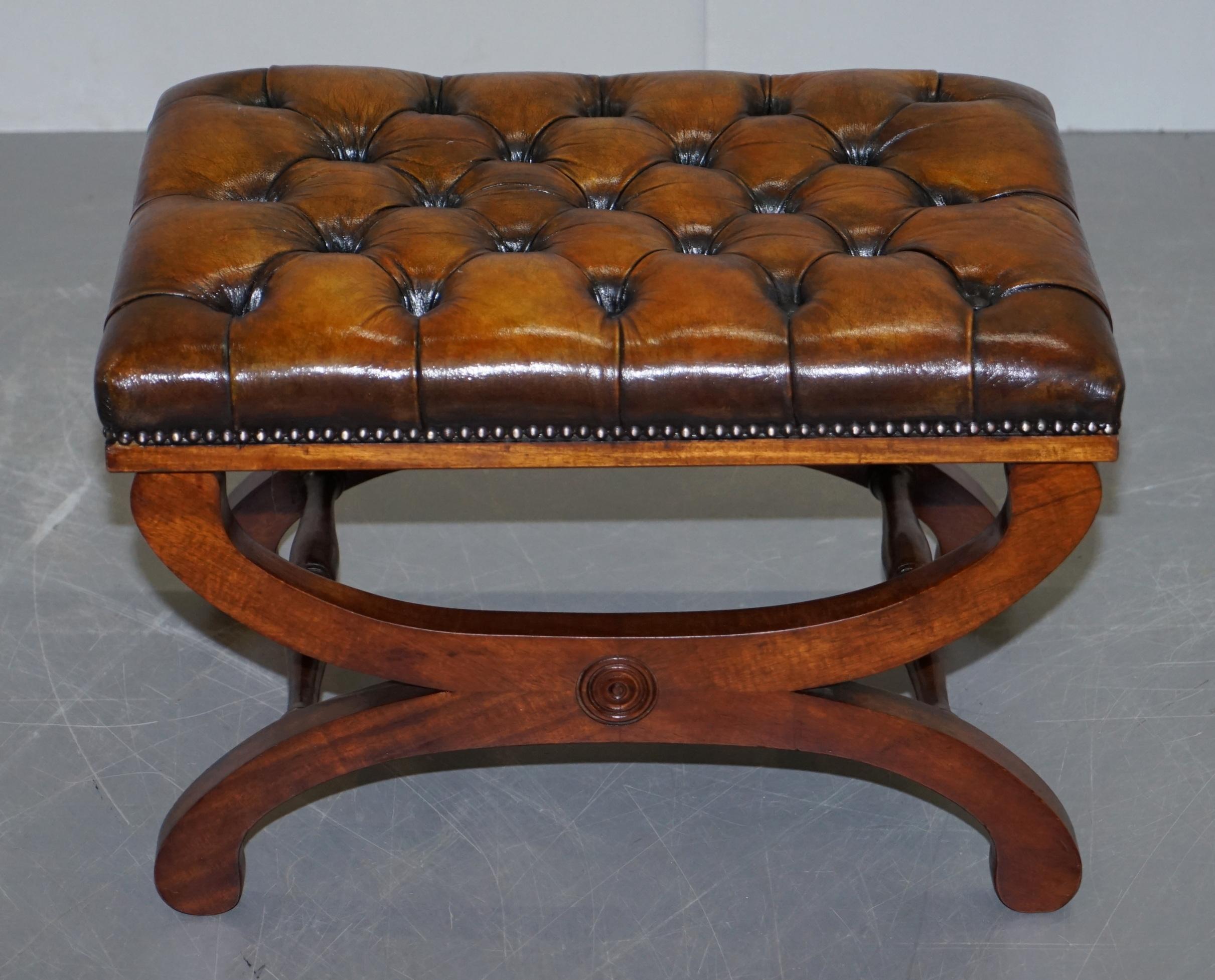 English Pair of Fully Restored Chesterfield Hand Dyed Whisky Brown Leather Footstools