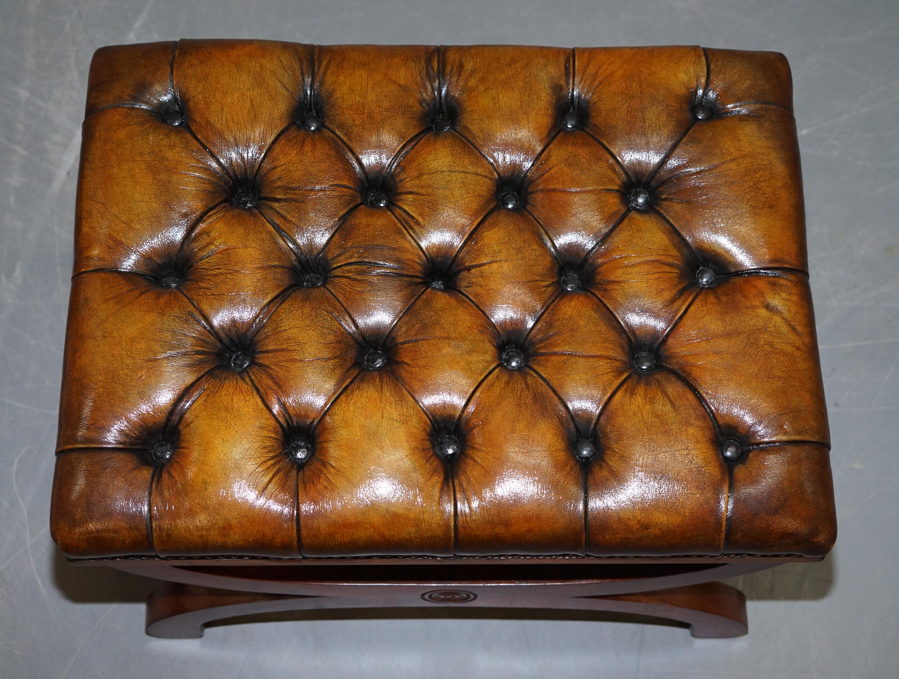 Hand-Carved Pair of Fully Restored Chesterfield Hand Dyed Whisky Brown Leather Footstools