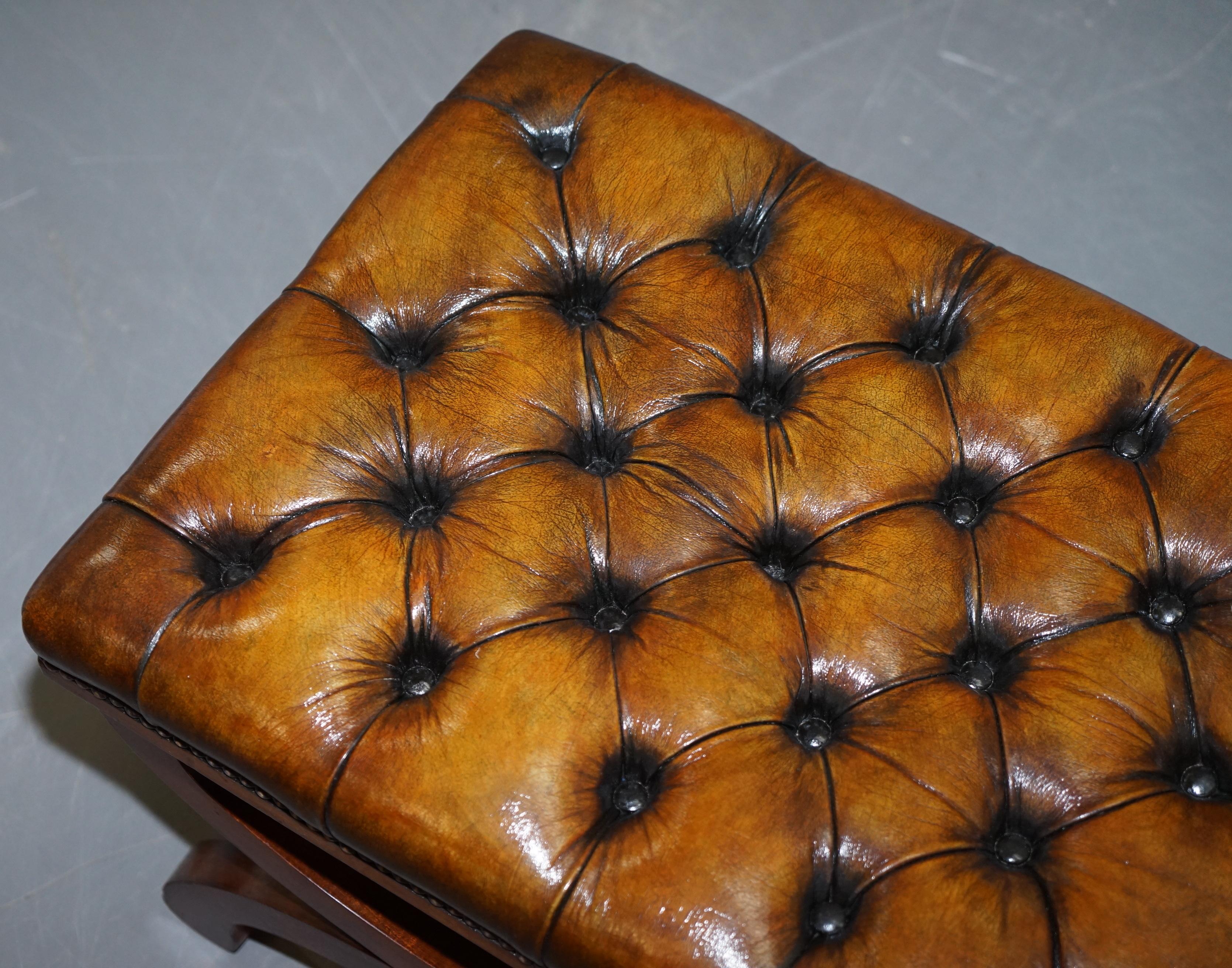 20th Century Pair of Fully Restored Chesterfield Hand Dyed Whisky Brown Leather Footstools