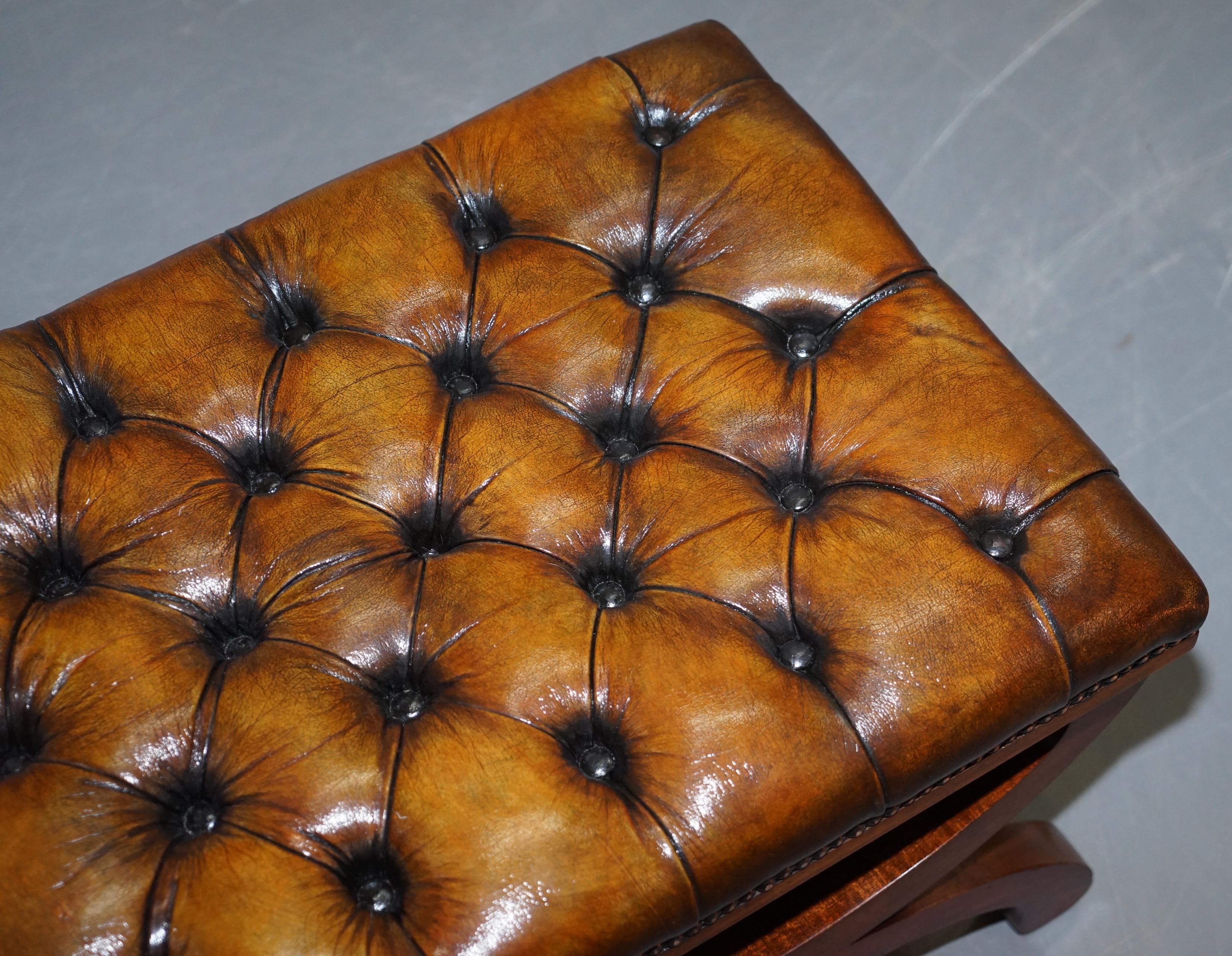 Beech Pair of Fully Restored Chesterfield Hand Dyed Whisky Brown Leather Footstools