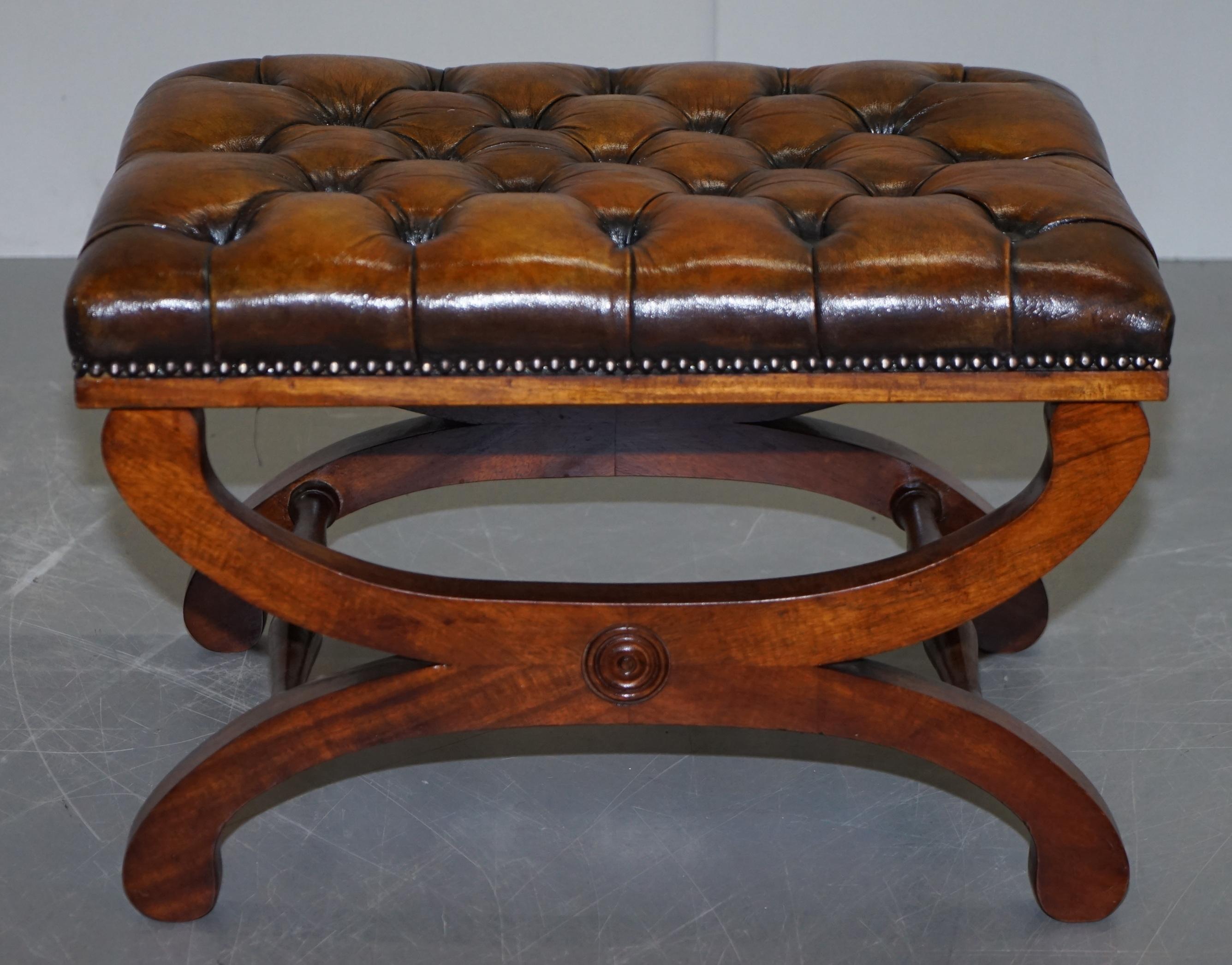 Pair of Fully Restored Chesterfield Hand Dyed Whisky Brown Leather Footstools 1