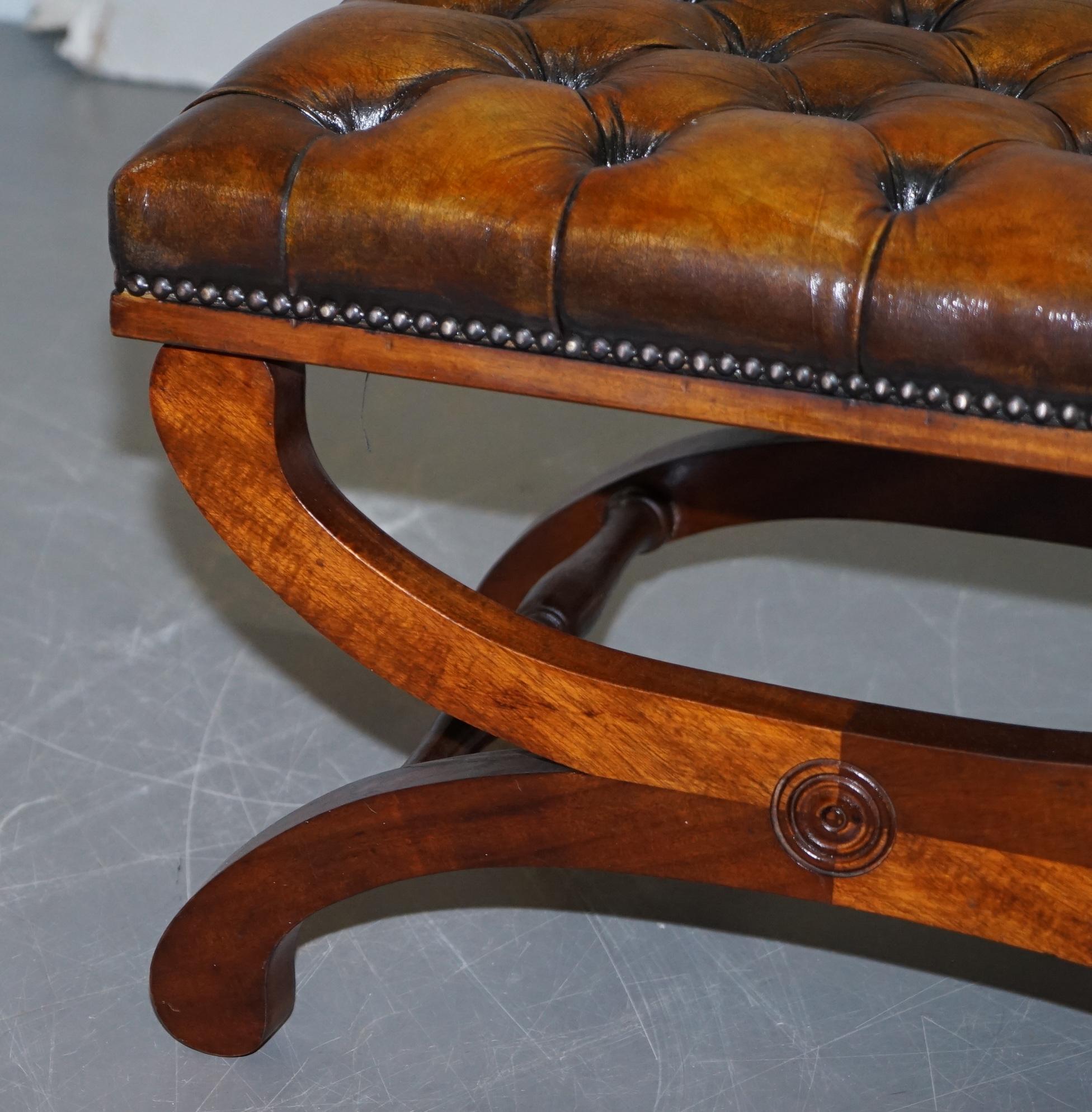 Pair of Fully Restored Chesterfield Hand Dyed Whisky Brown Leather Footstools 2