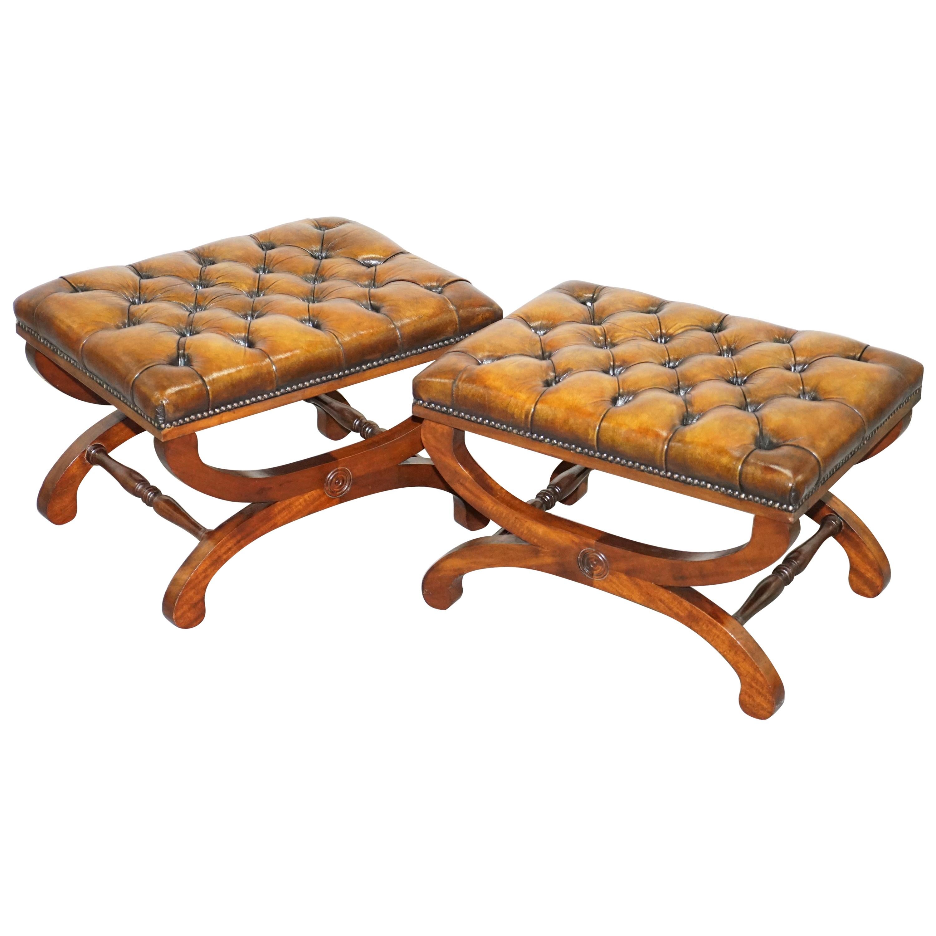 Pair of Fully Restored Chesterfield Hand Dyed Whisky Brown Leather Footstools