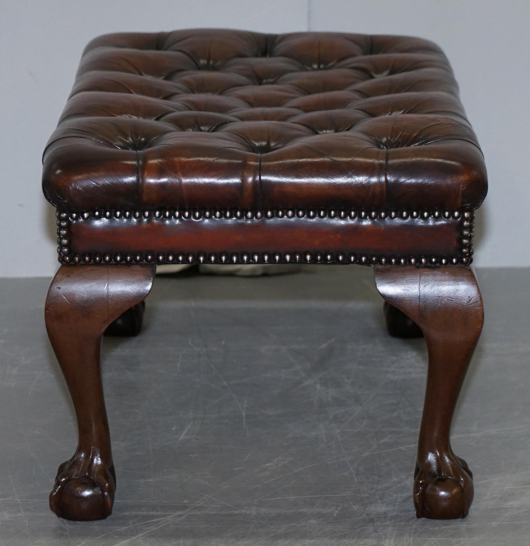 Pair of Fully Restored Claw & Ball Feet Brown Leather Chesterfield Footstools 5