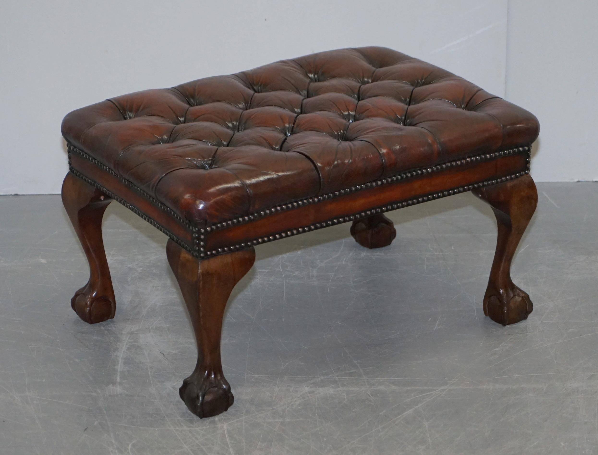 Pair of Fully Restored Claw & Ball Feet Brown Leather Chesterfield Footstools 7