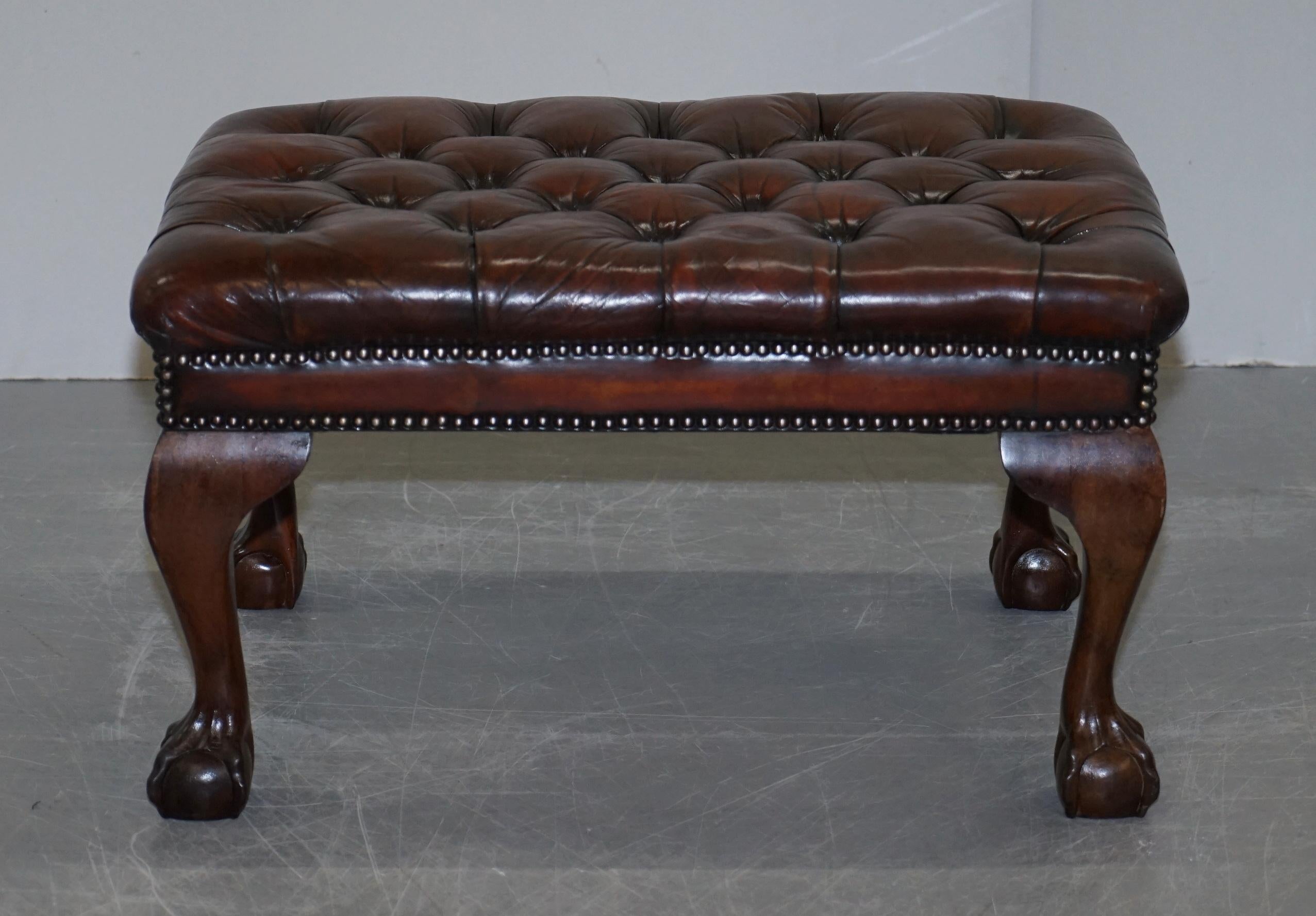 Pair of Fully Restored Claw & Ball Feet Brown Leather Chesterfield Footstools 8