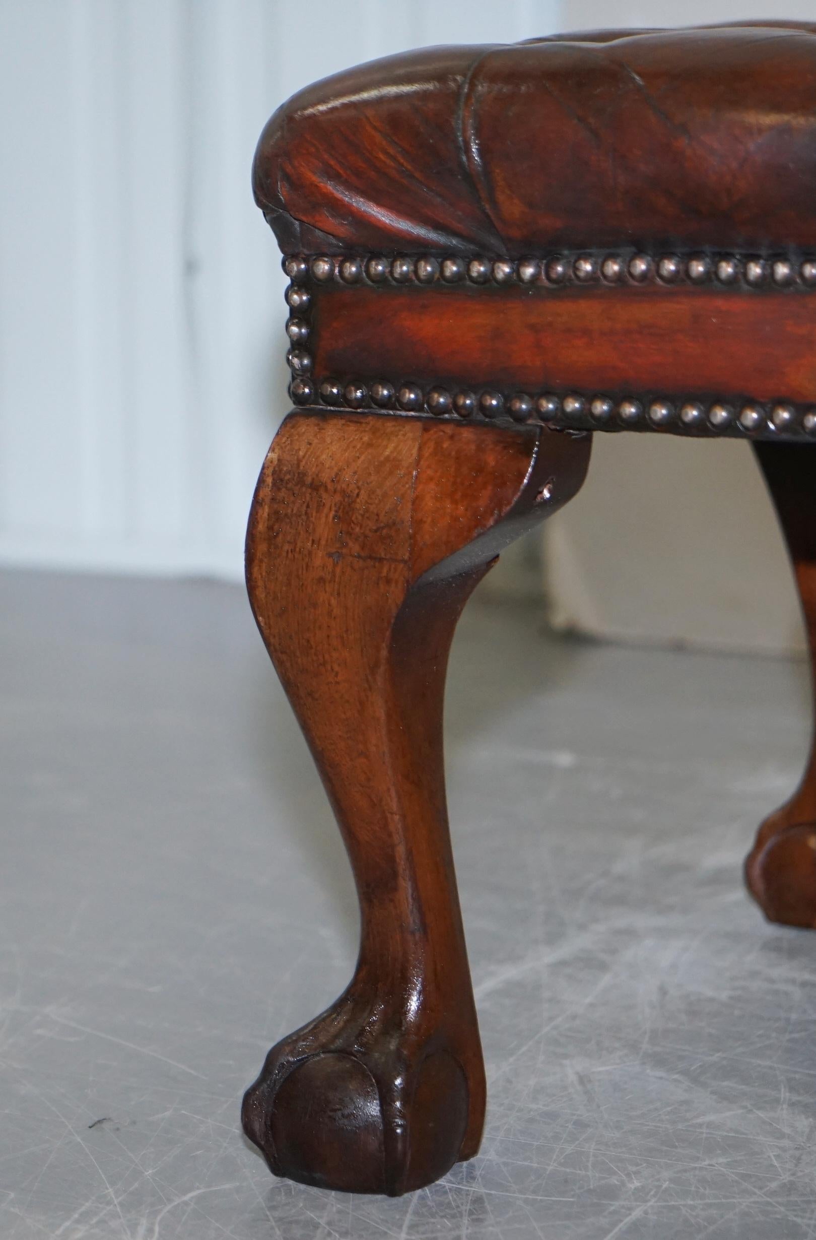 Pair of Fully Restored Claw & Ball Feet Brown Leather Chesterfield Footstools 9