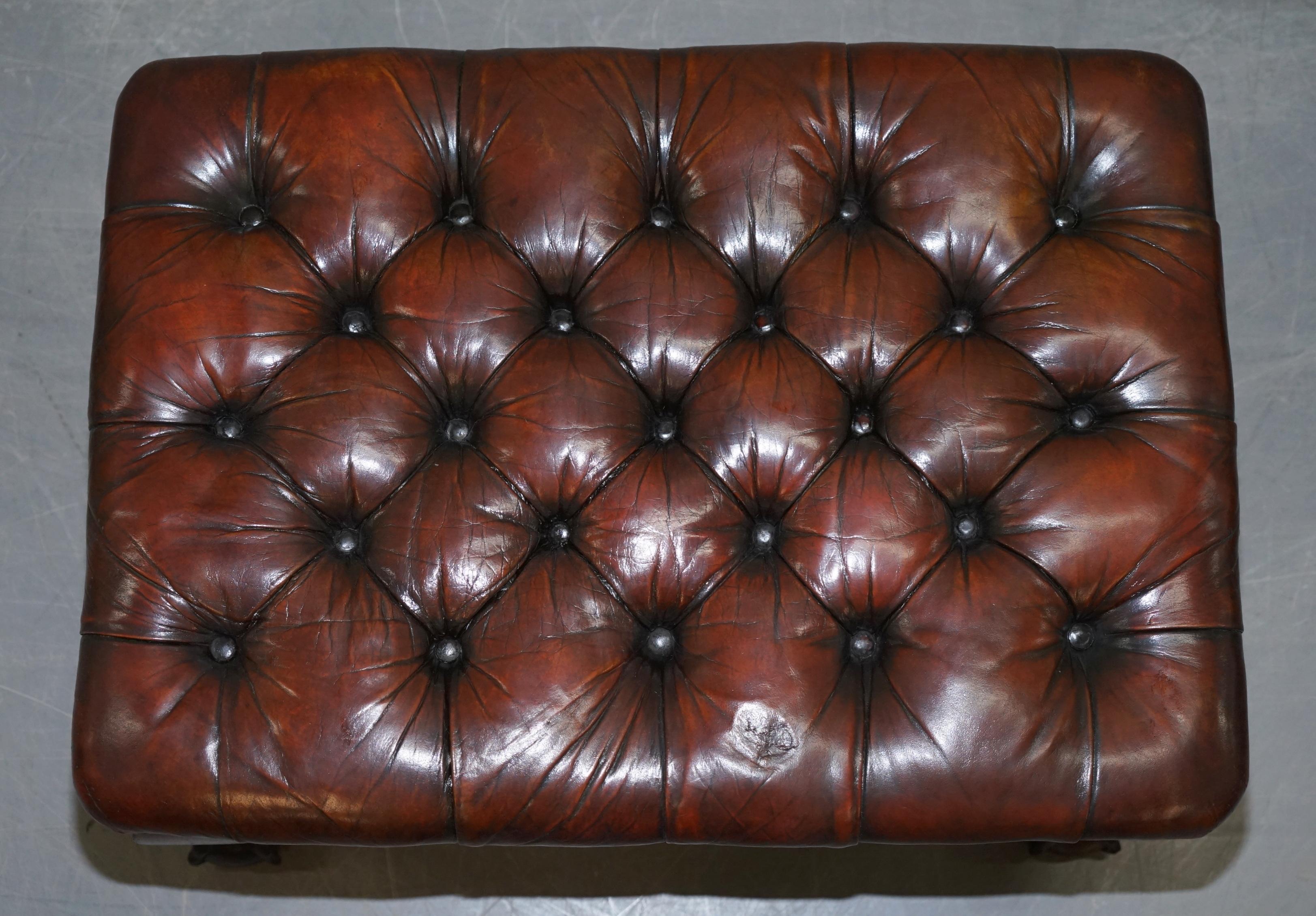 Pair of Fully Restored Claw & Ball Feet Brown Leather Chesterfield Footstools 10