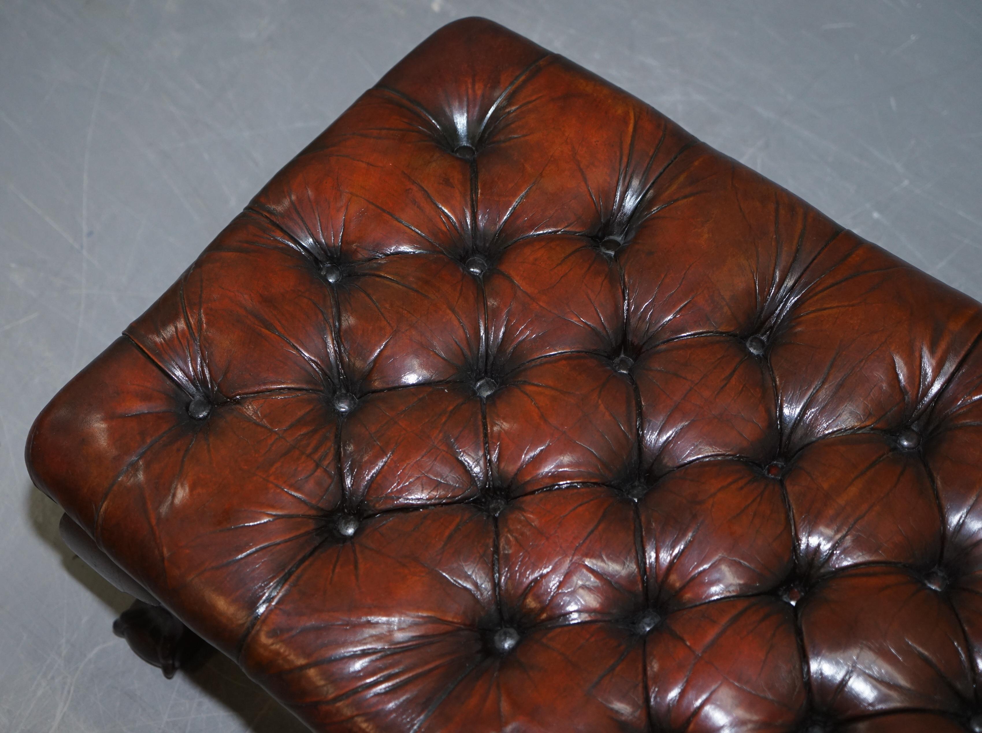 Pair of Fully Restored Claw & Ball Feet Brown Leather Chesterfield Footstools 11