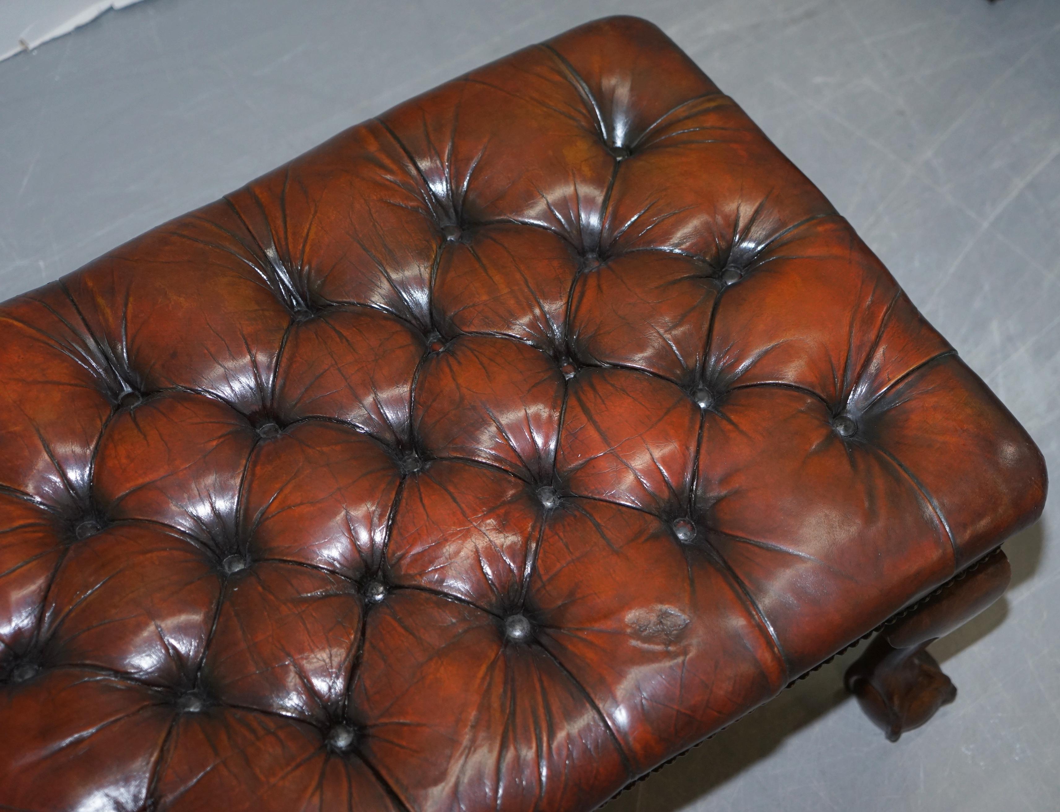 Pair of Fully Restored Claw & Ball Feet Brown Leather Chesterfield Footstools 12