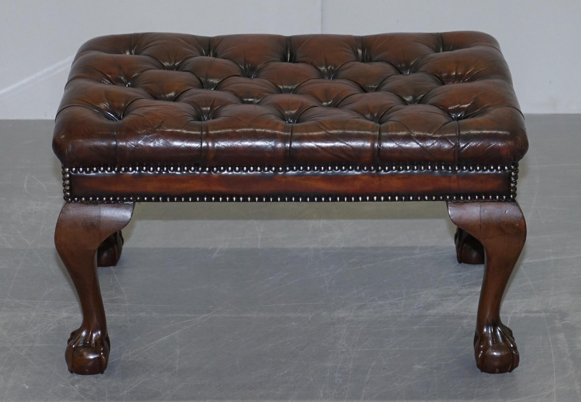 English Pair of Fully Restored Claw & Ball Feet Brown Leather Chesterfield Footstools