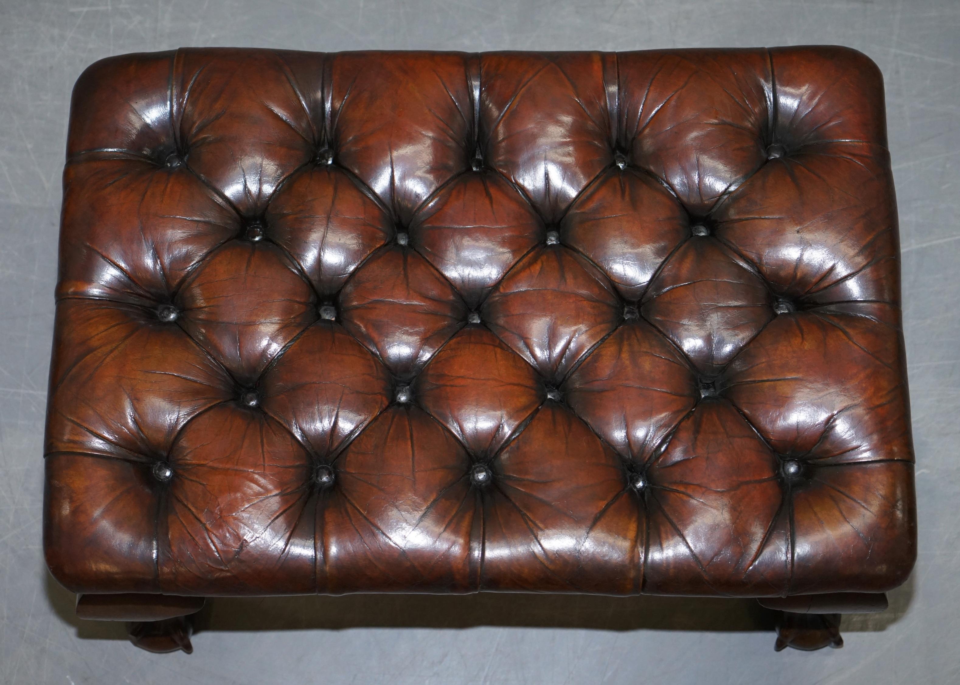 Hand-Crafted Pair of Fully Restored Claw & Ball Feet Brown Leather Chesterfield Footstools