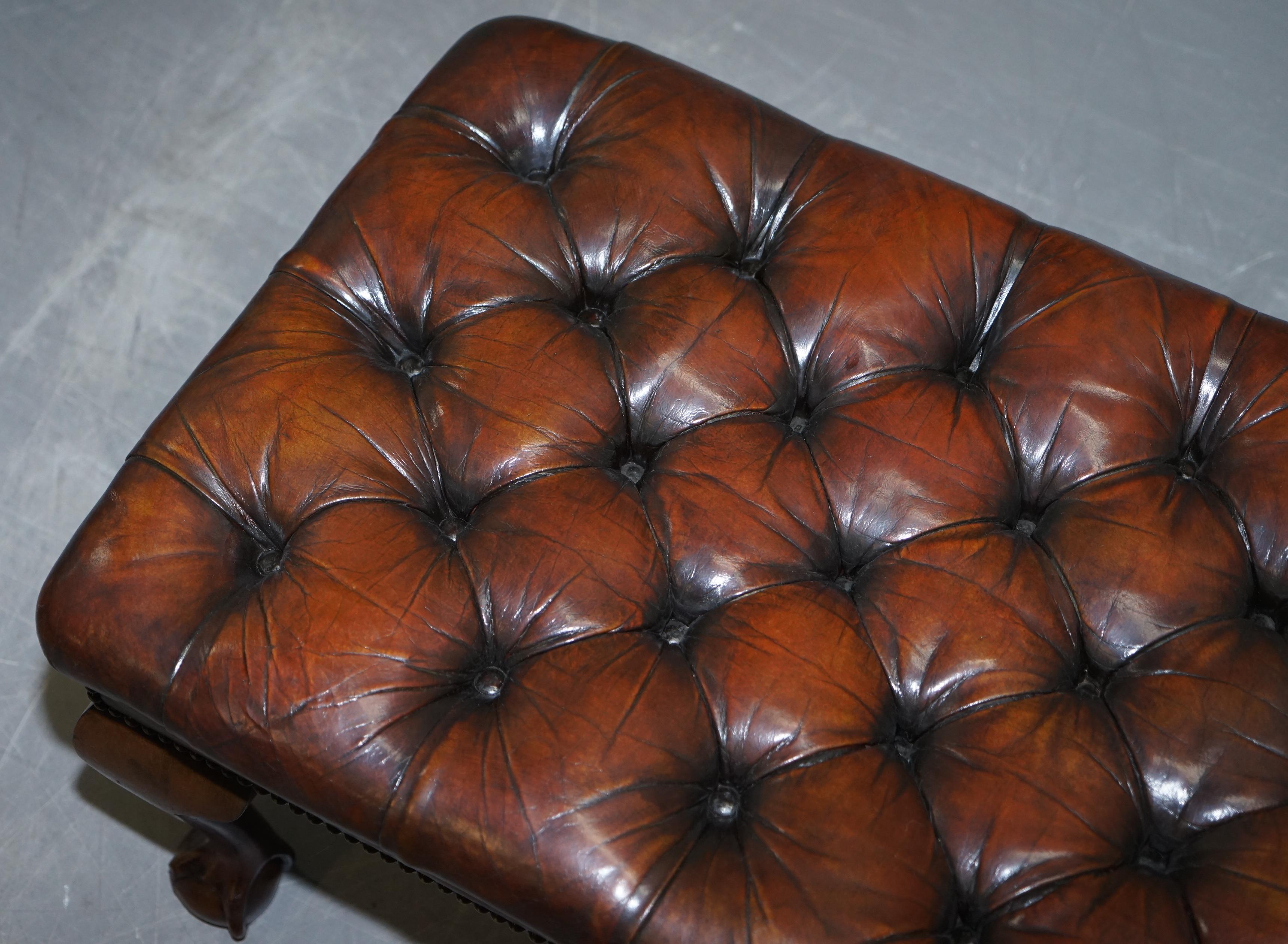 20th Century Pair of Fully Restored Claw & Ball Feet Brown Leather Chesterfield Footstools