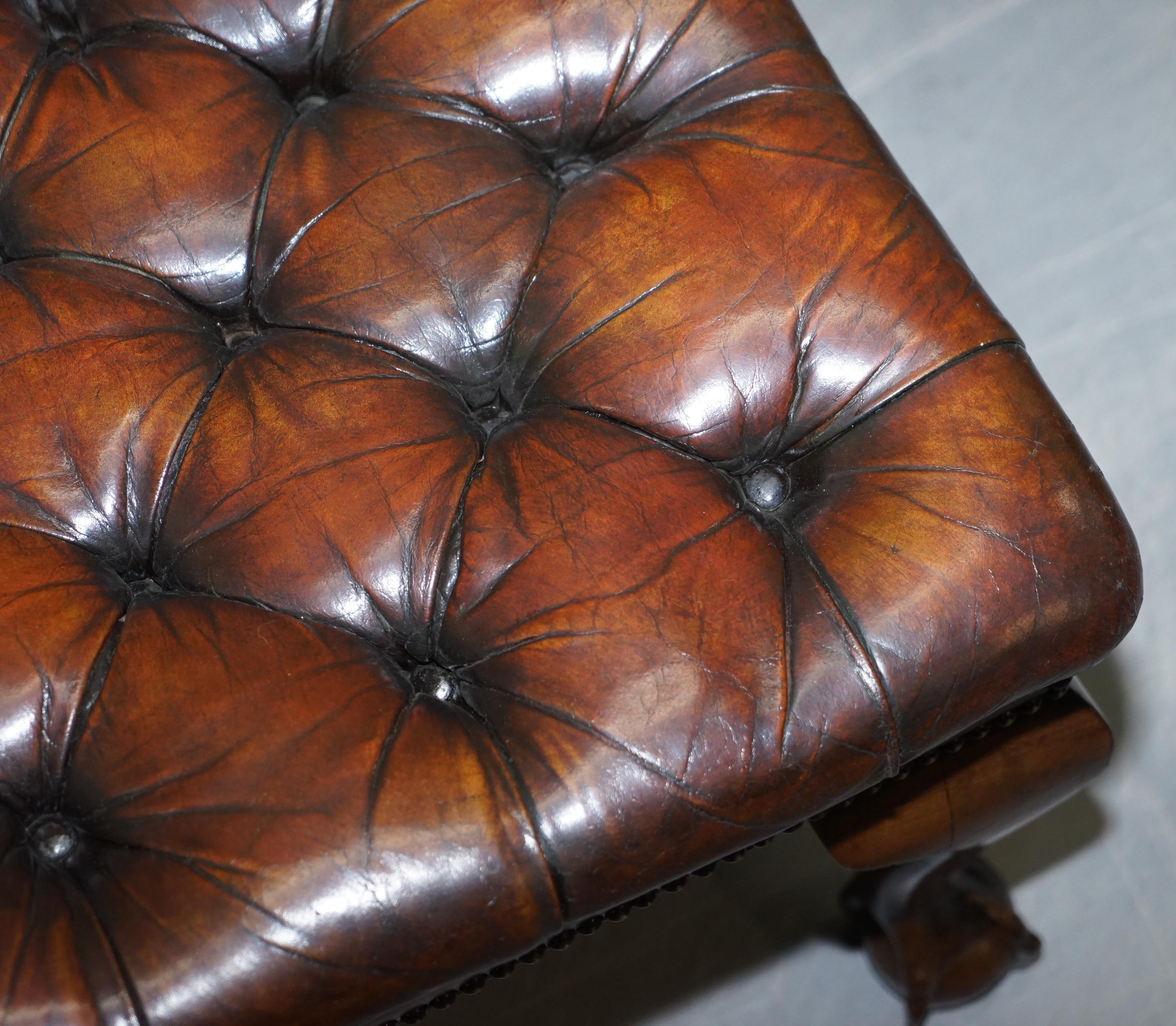 Pair of Fully Restored Claw & Ball Feet Brown Leather Chesterfield Footstools 1