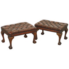 Vintage Pair of Fully Restored Claw & Ball Feet Brown Leather Chesterfield Footstools